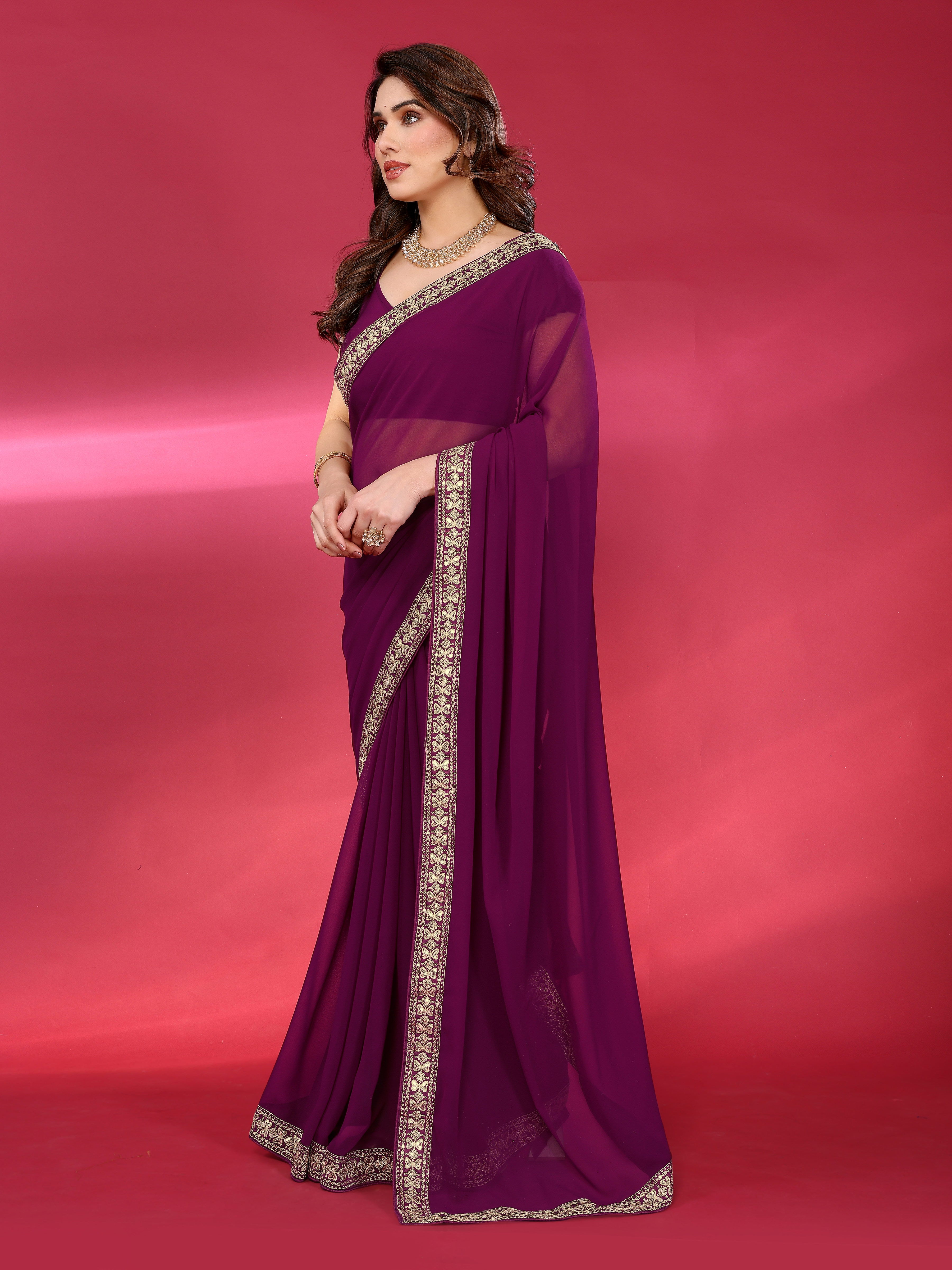 Elegant  Georgette Saree with Golden Embroidered Border