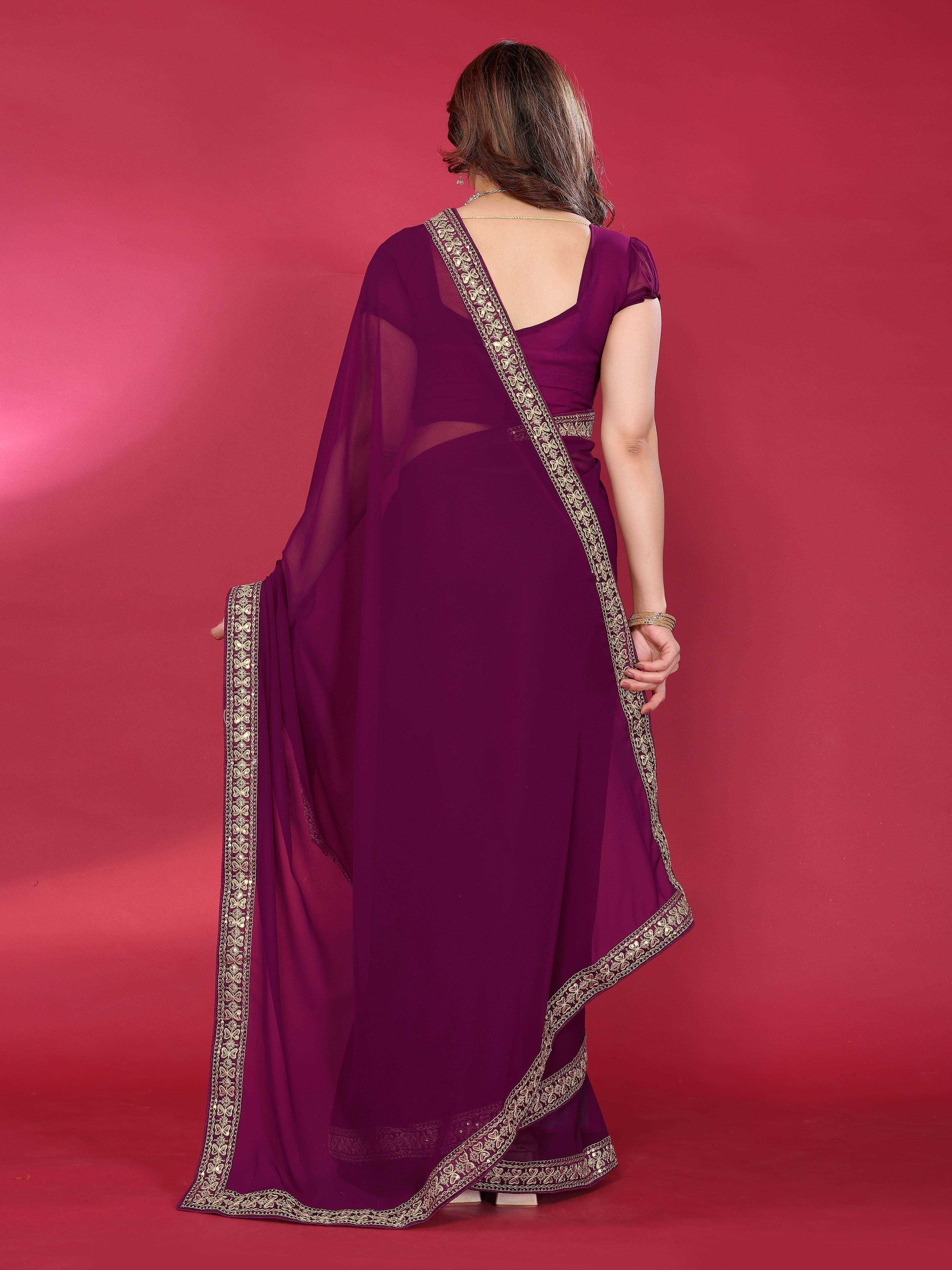 Elegant  Georgette Saree with Golden Embroidered Border