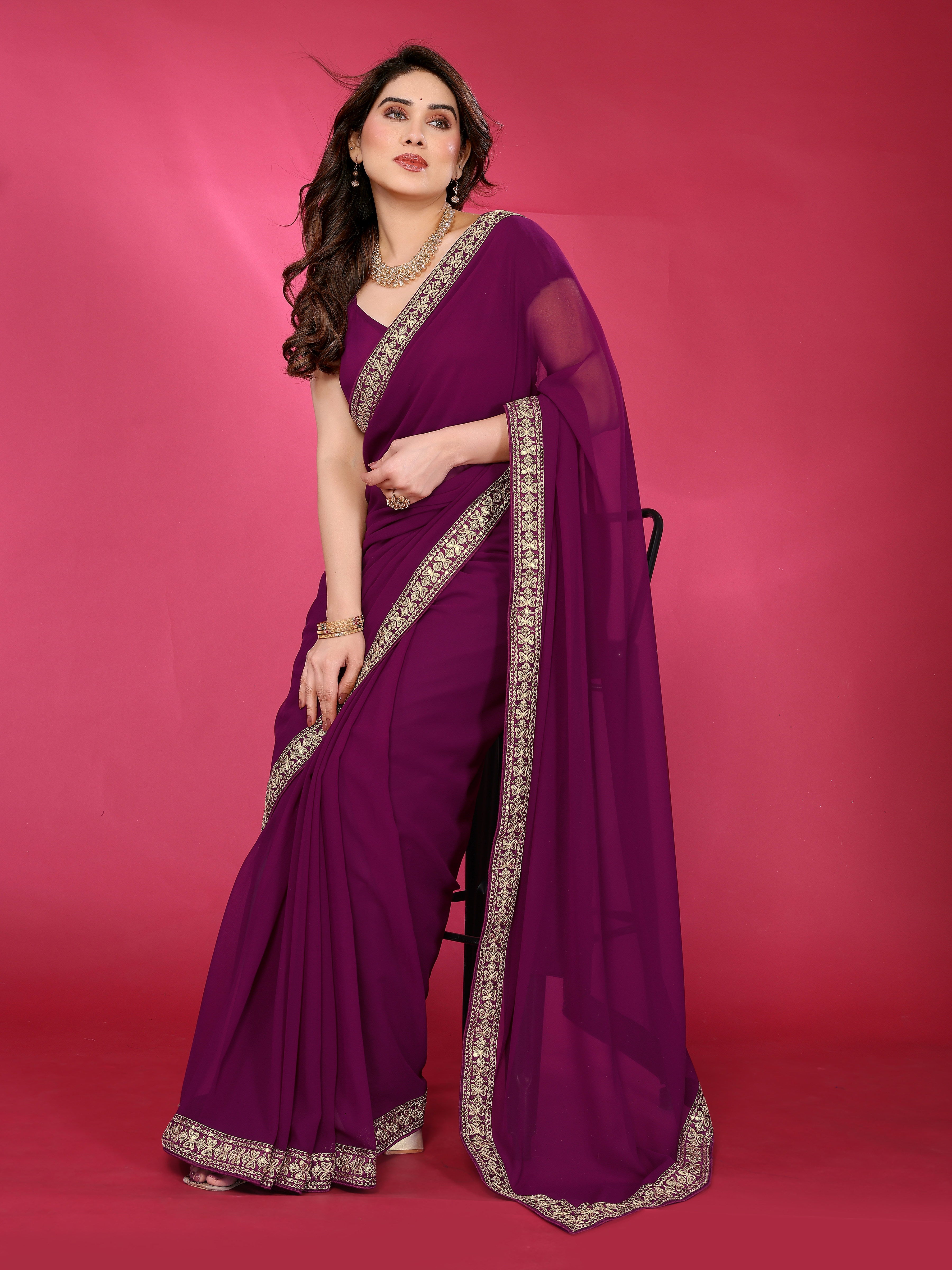 Elegant  Georgette Saree with Golden Embroidered Border