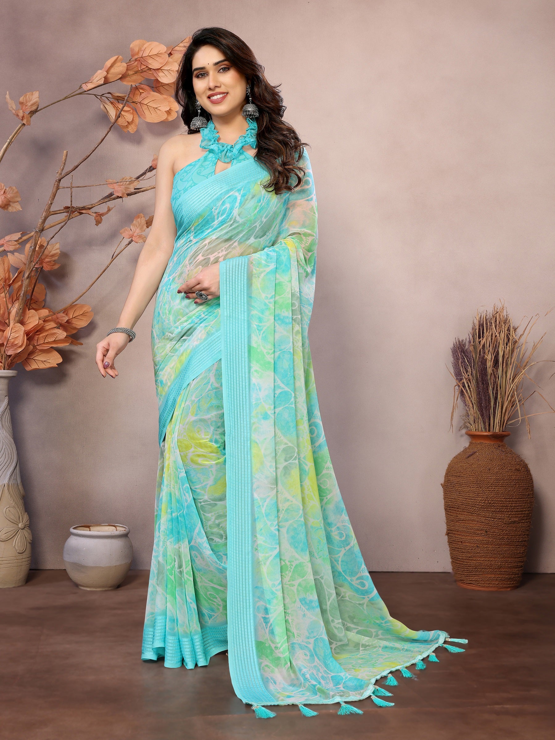 Soothing Aqua Green Floral Georgette Saree