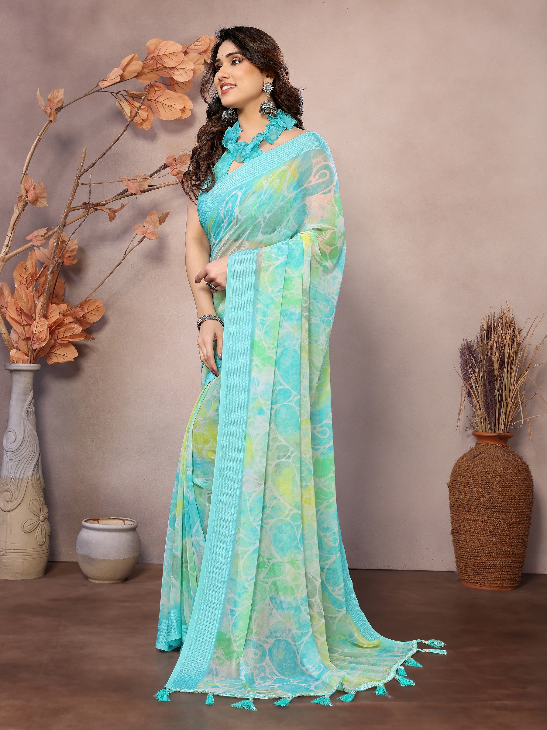 Soothing Aqua Green Floral Georgette Saree
