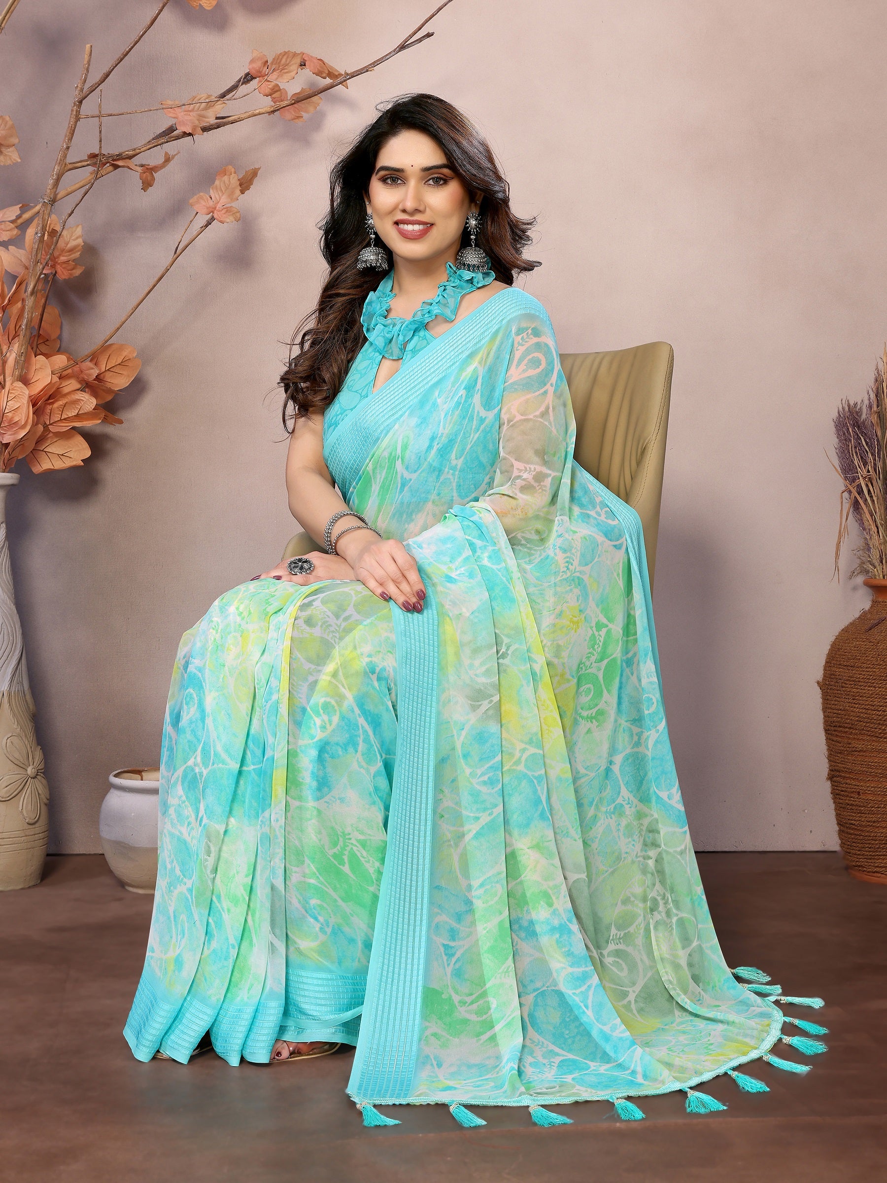 Soothing Aqua Green Floral Georgette Saree