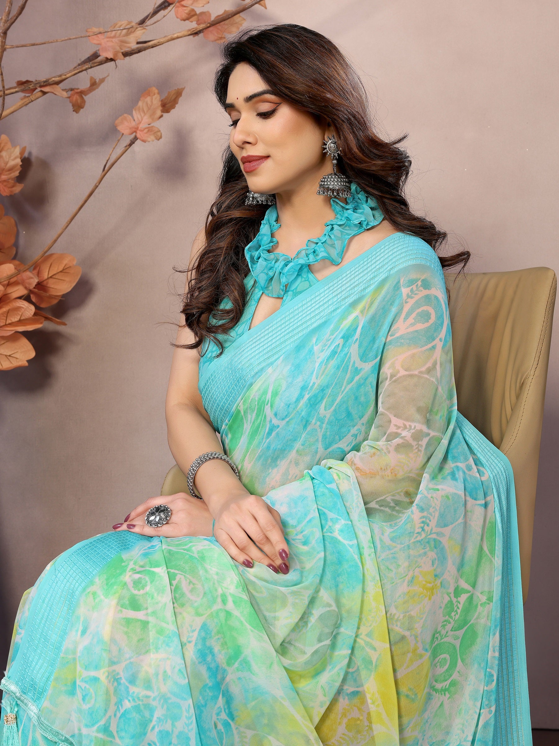 Soothing Aqua Green Floral Georgette Saree