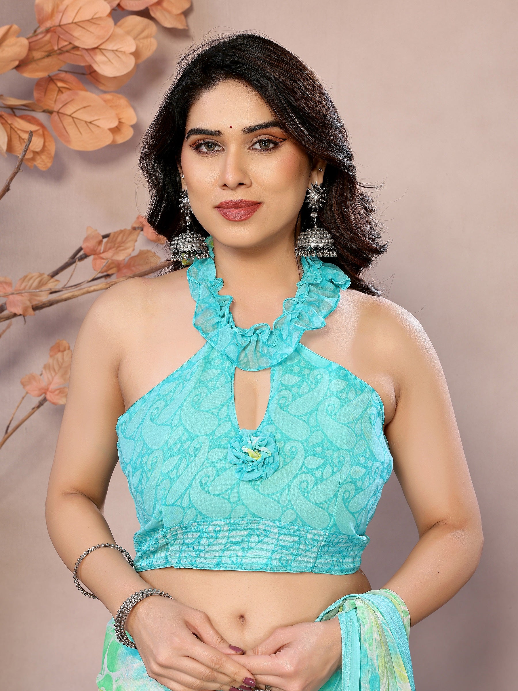 Soothing Aqua Green Floral Georgette Saree