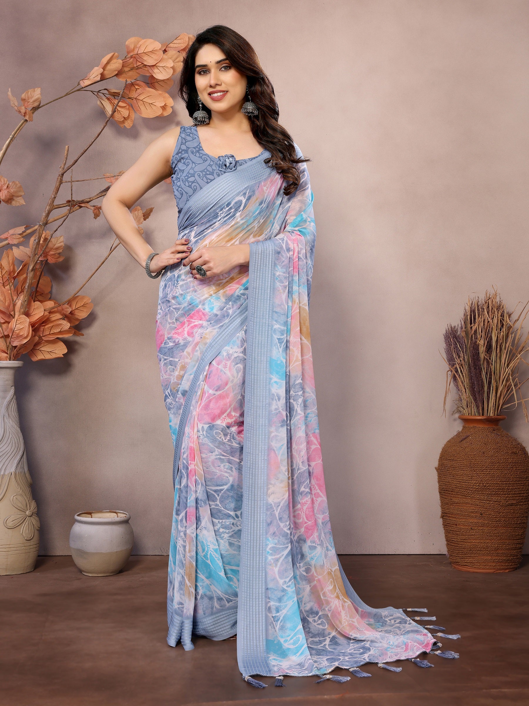 Pastel Bliss Multicolor Printed Georgette Saree