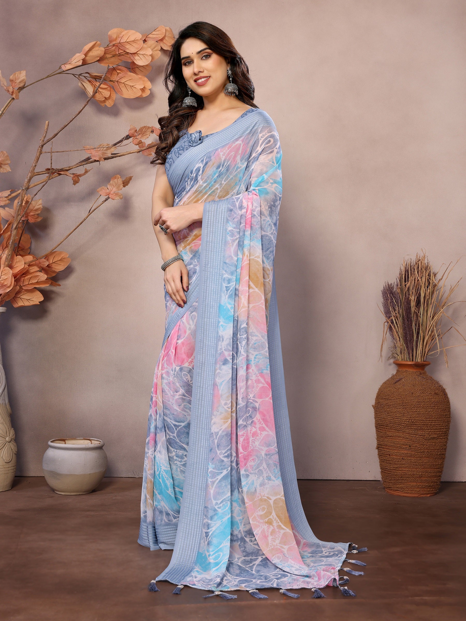 Pastel Bliss Multicolor Printed Georgette Saree