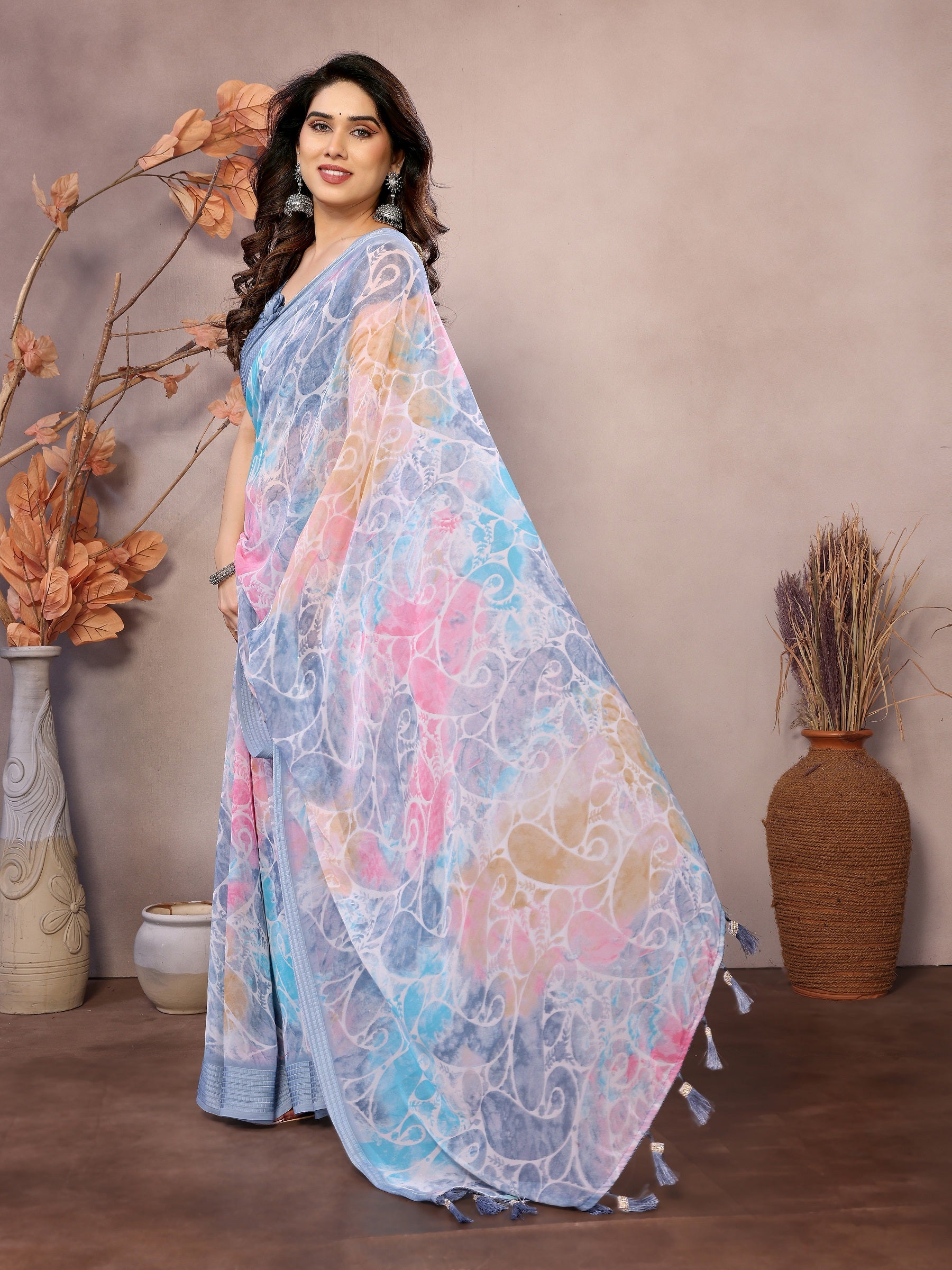 Pastel Bliss Multicolor Printed Georgette Saree