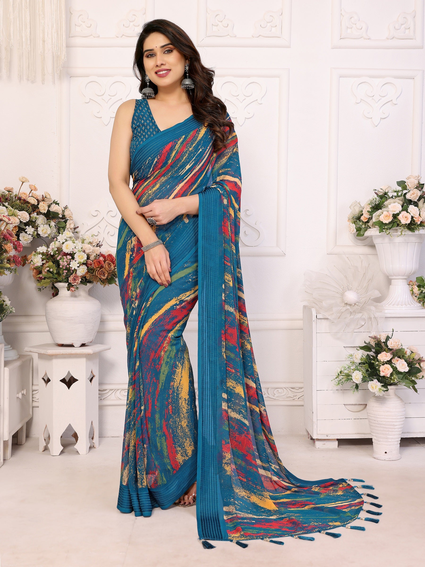 Vibrant Teal Multicolor Printed Georgette Saree