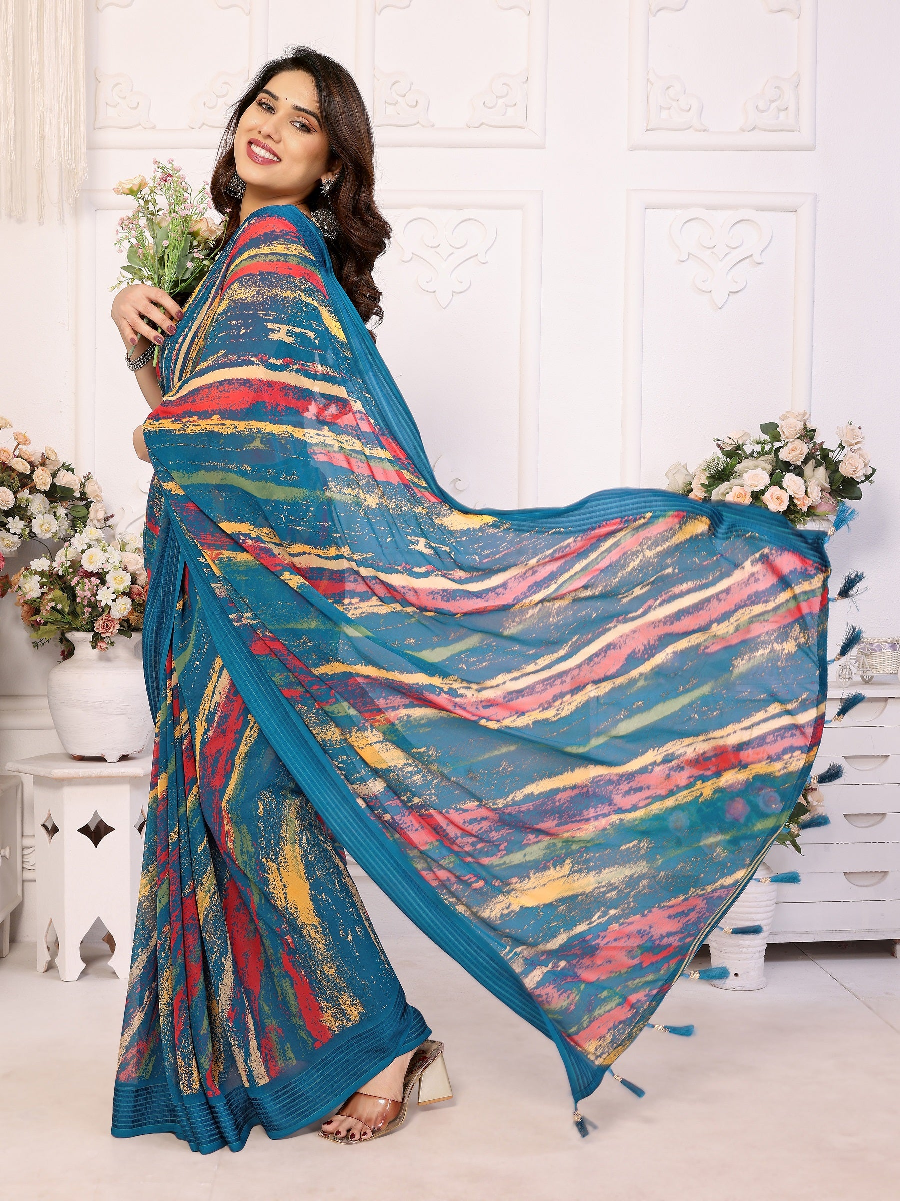 Vibrant Teal Multicolor Printed Georgette Saree
