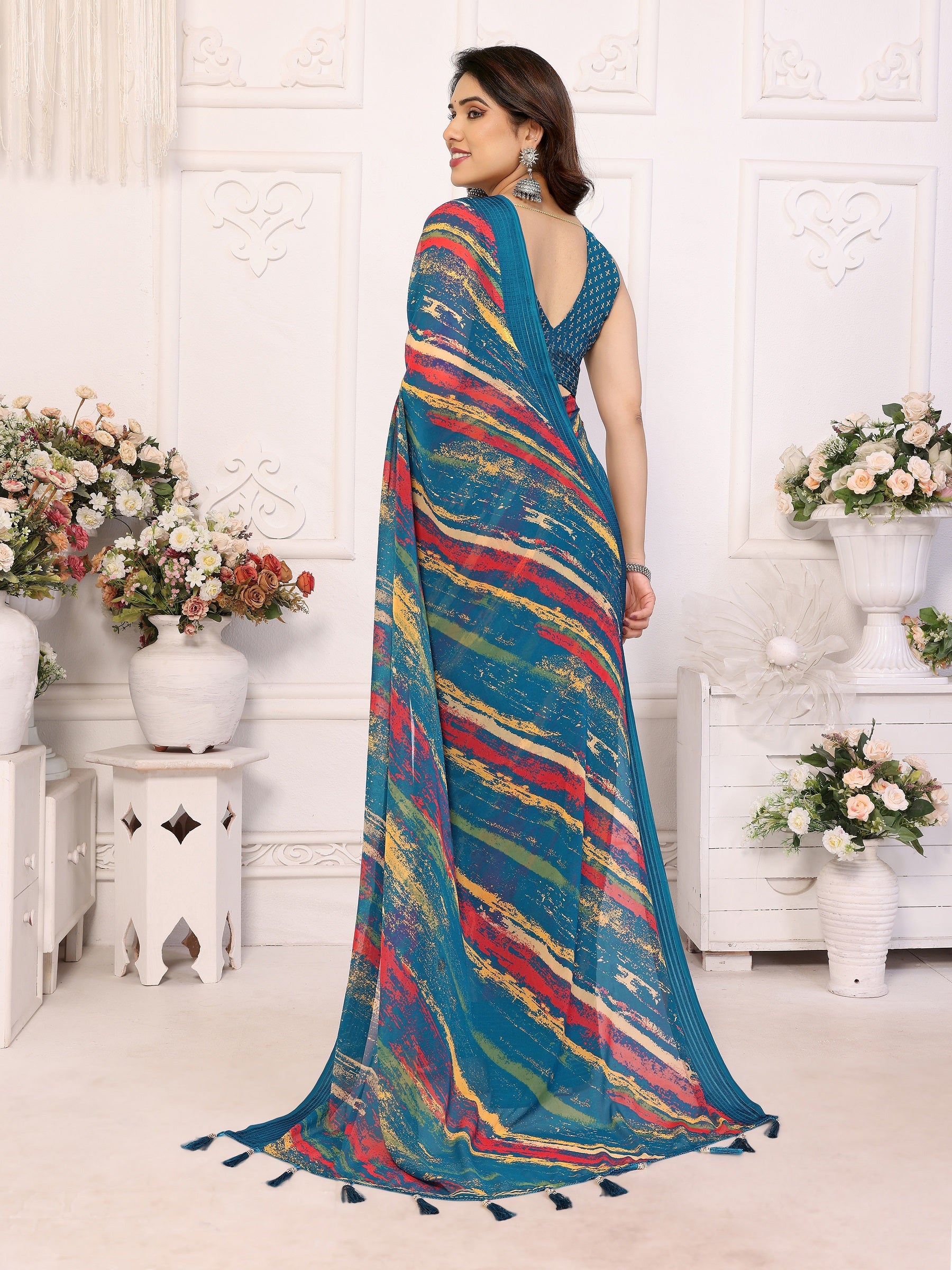 Vibrant Teal Multicolor Printed Georgette Saree