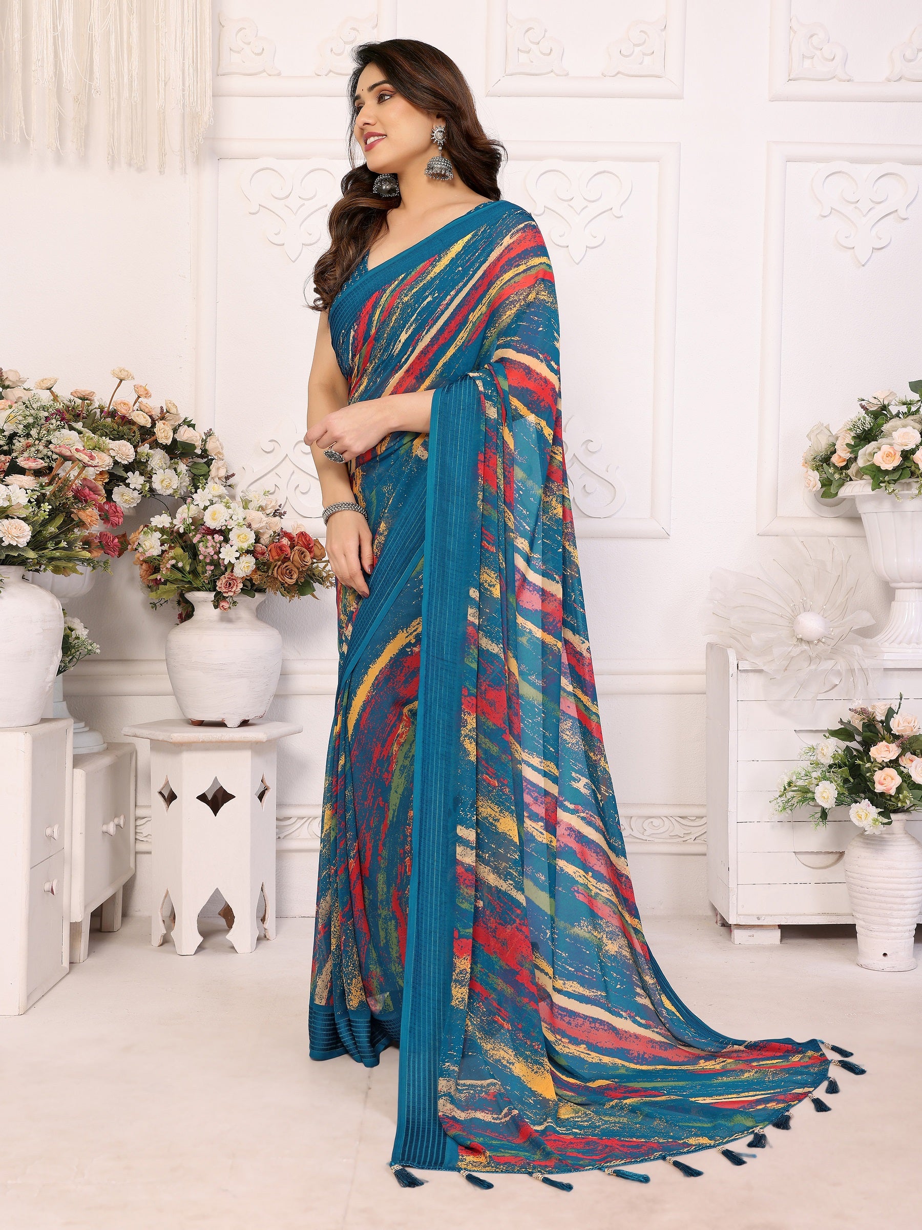 Vibrant Teal Multicolor Printed Georgette Saree