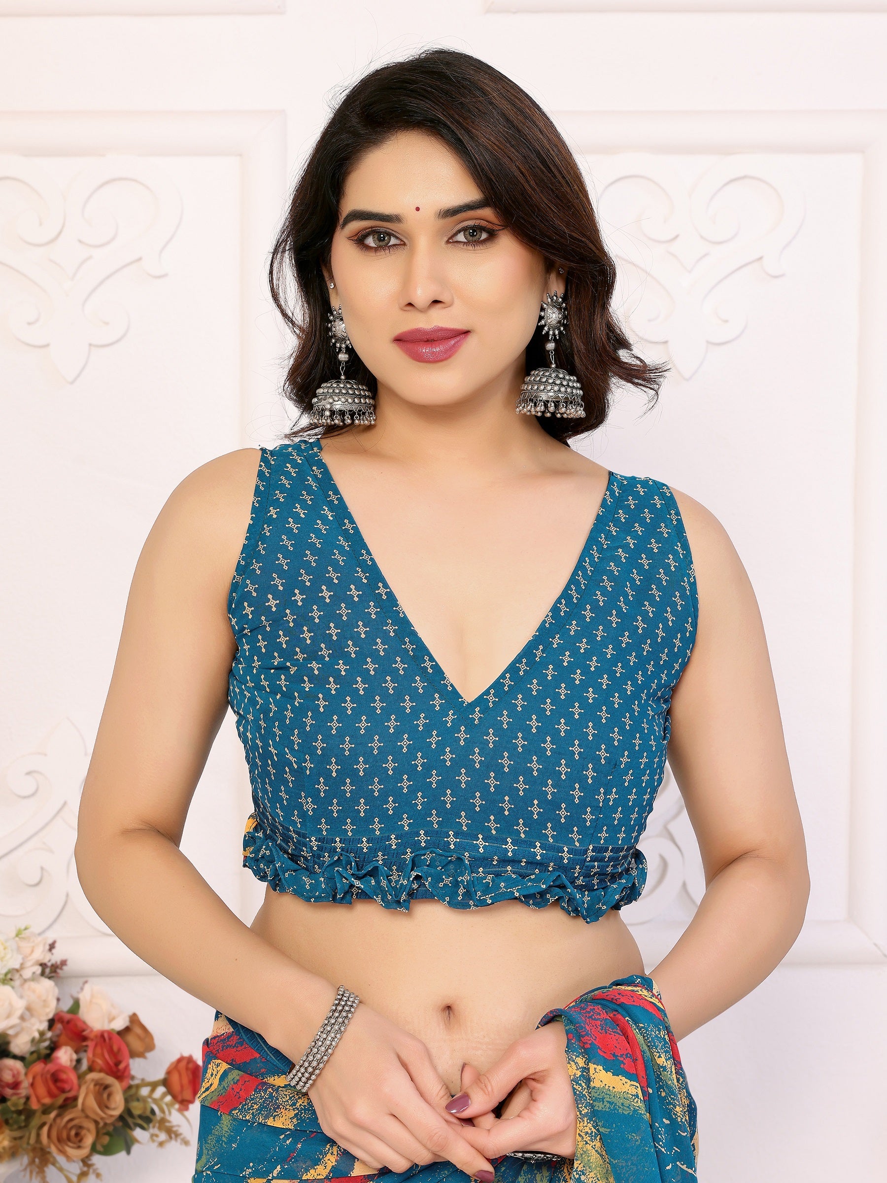 Vibrant Teal Multicolor Printed Georgette Saree