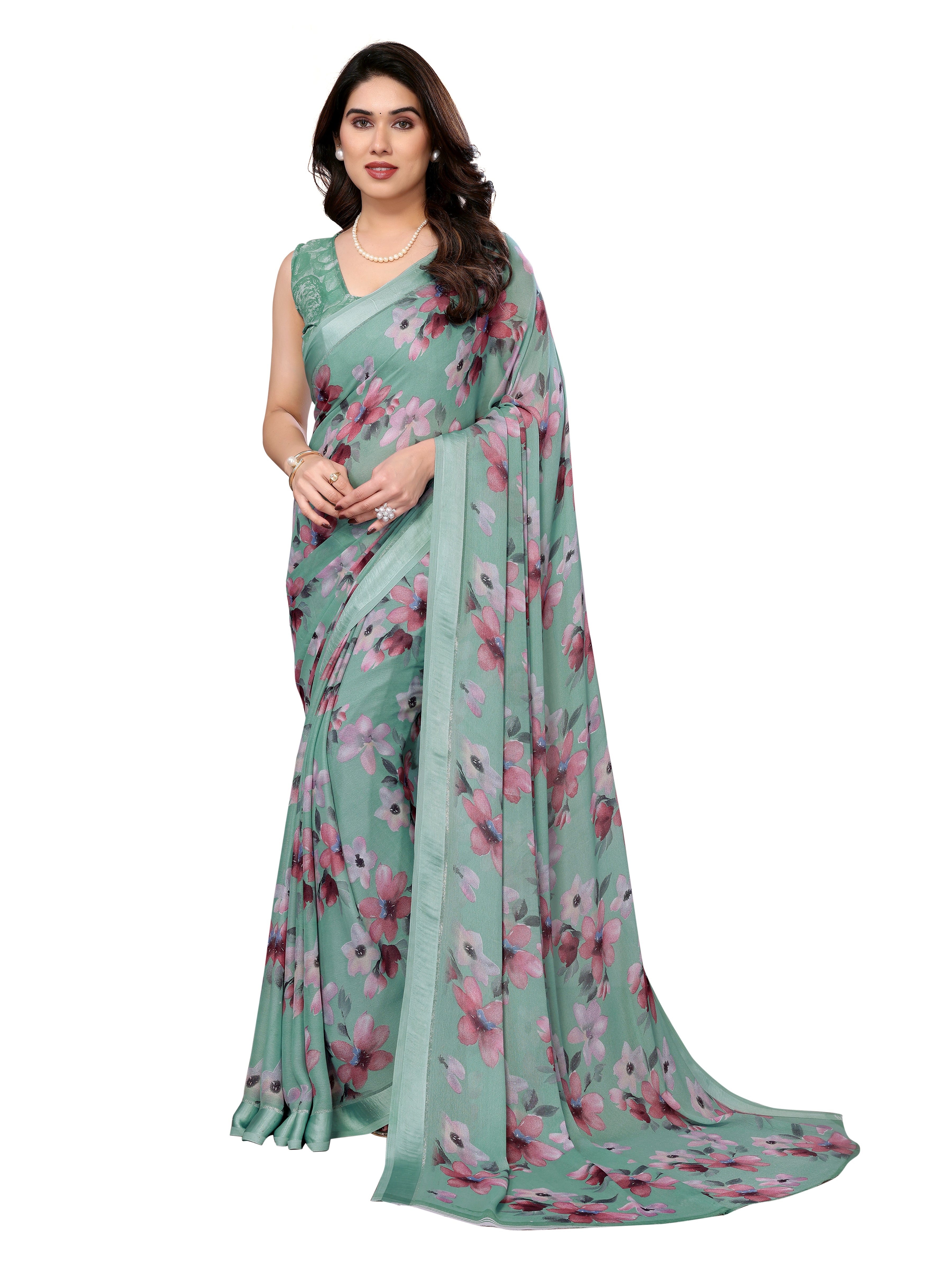 Pastel green Floral Printed Saree in Georgette