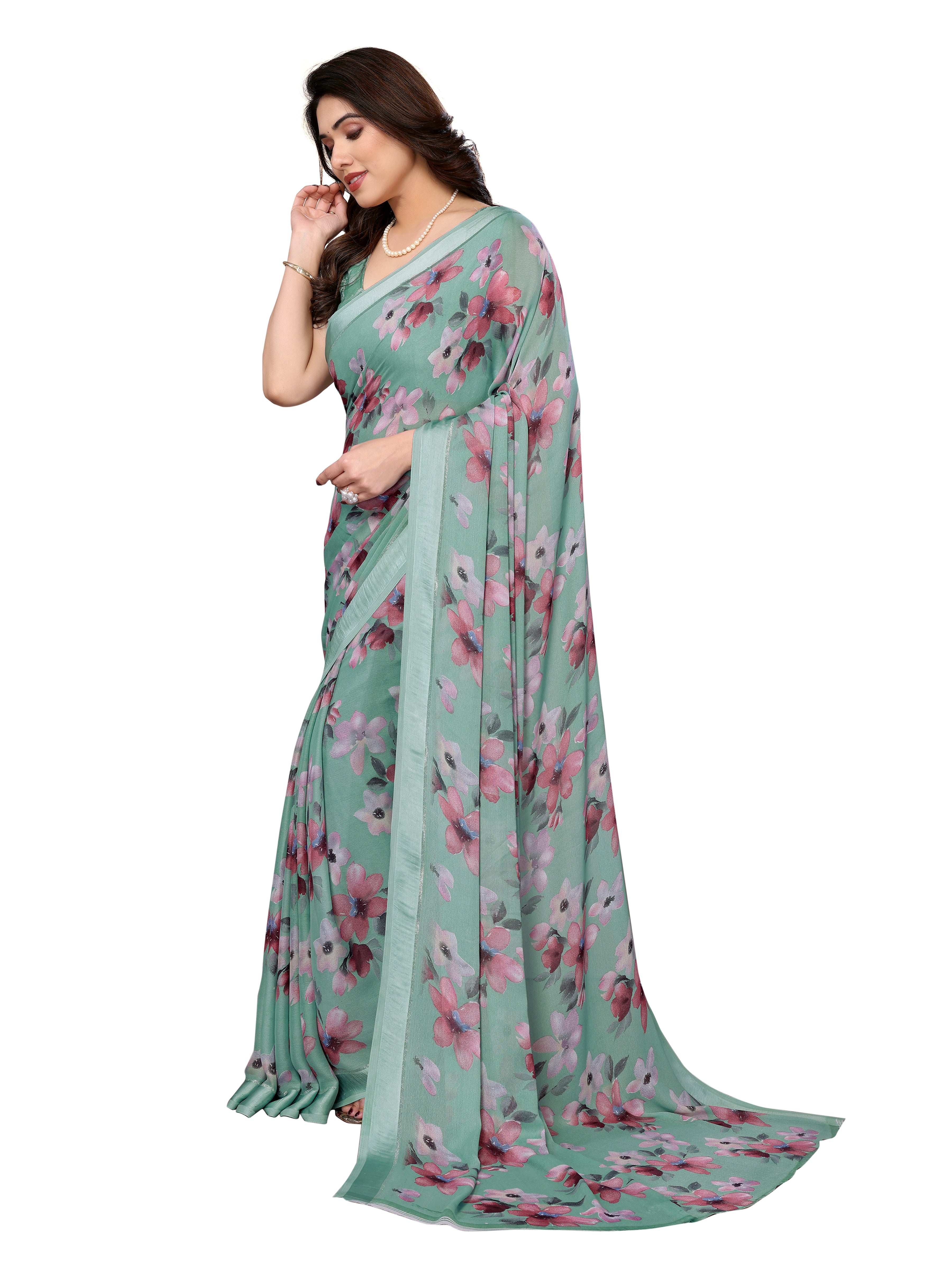 Pastel green Floral Printed Saree in Georgette