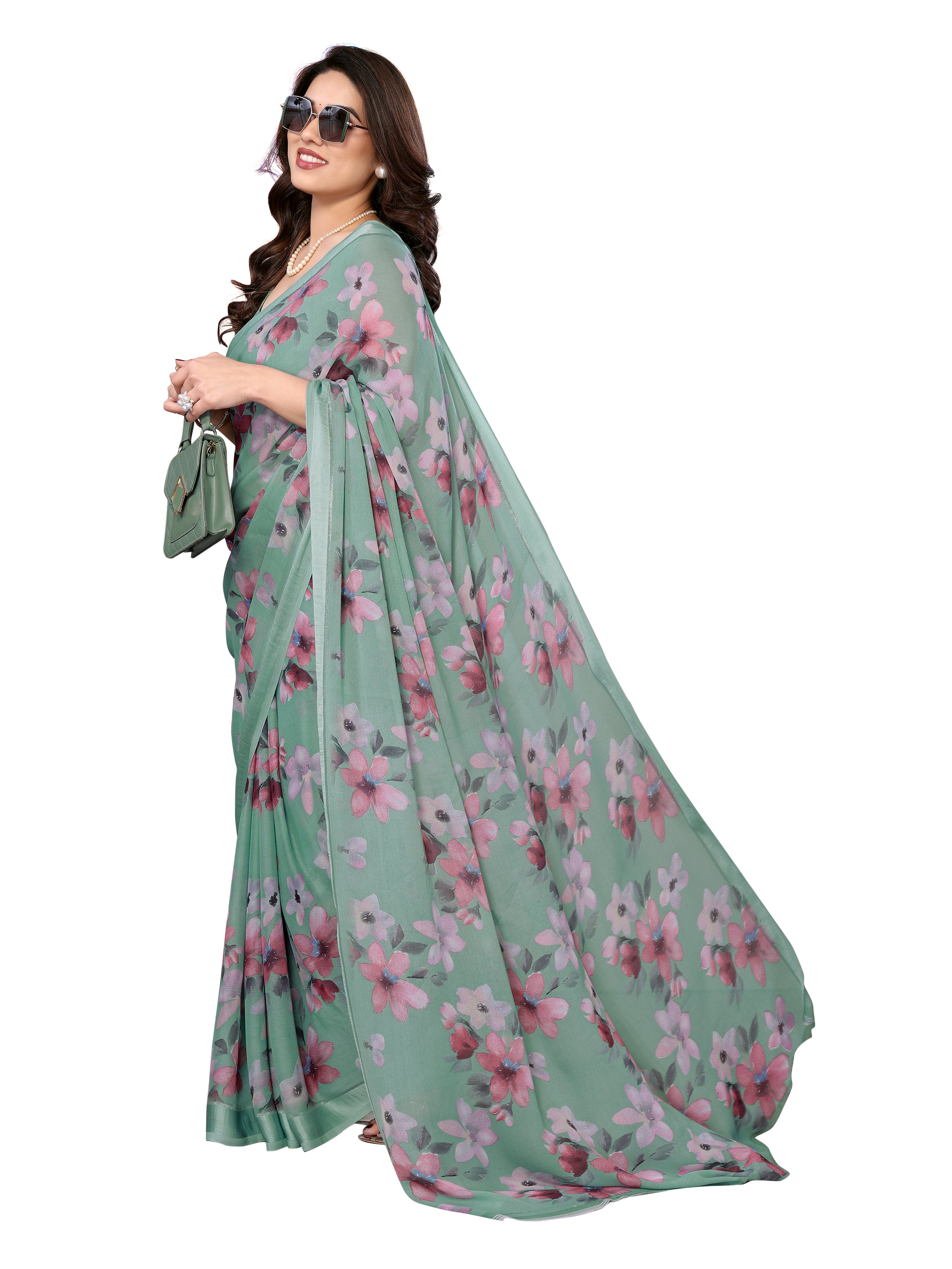 Pastel green Floral Printed Saree in Georgette
