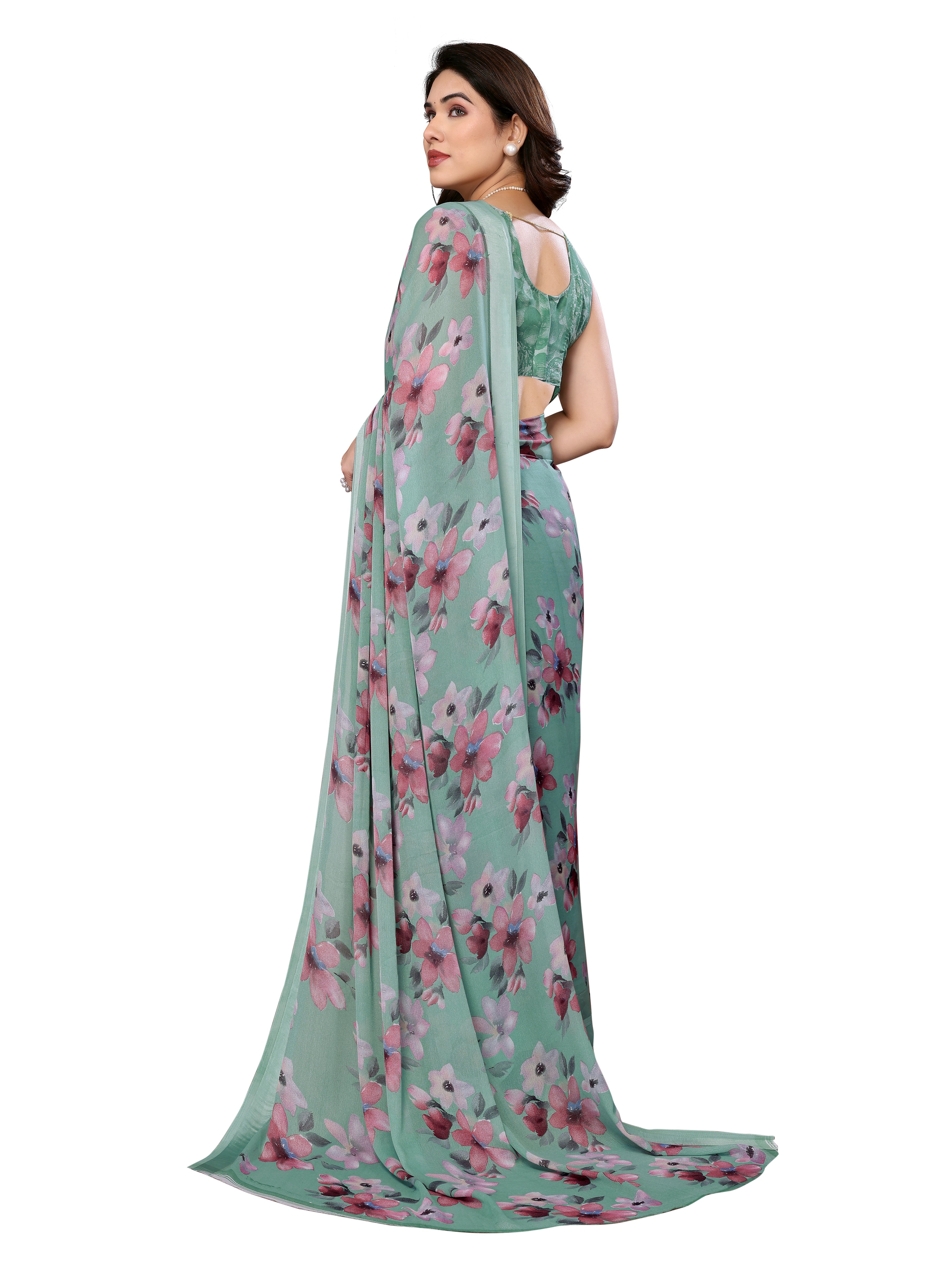 Pastel green Floral Printed Saree in Georgette