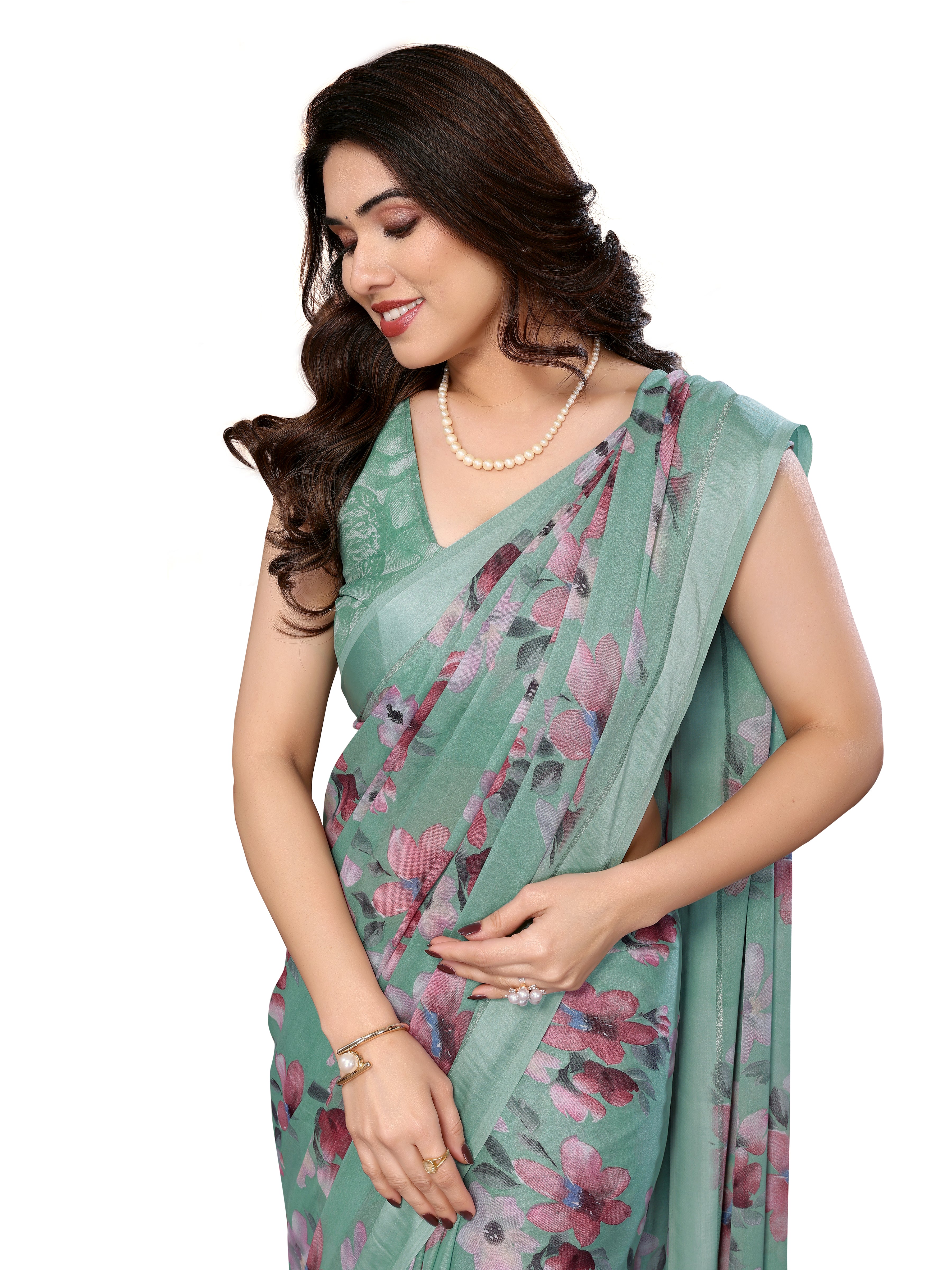 Pastel green Floral Printed Saree in Georgette