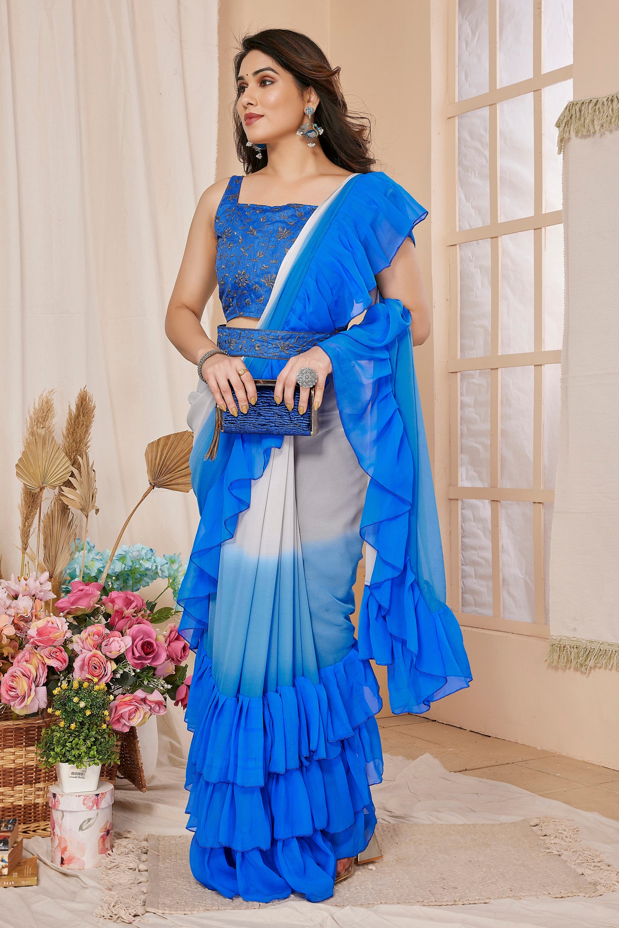 Royal Blue Ombre Ruffle Layered Saree