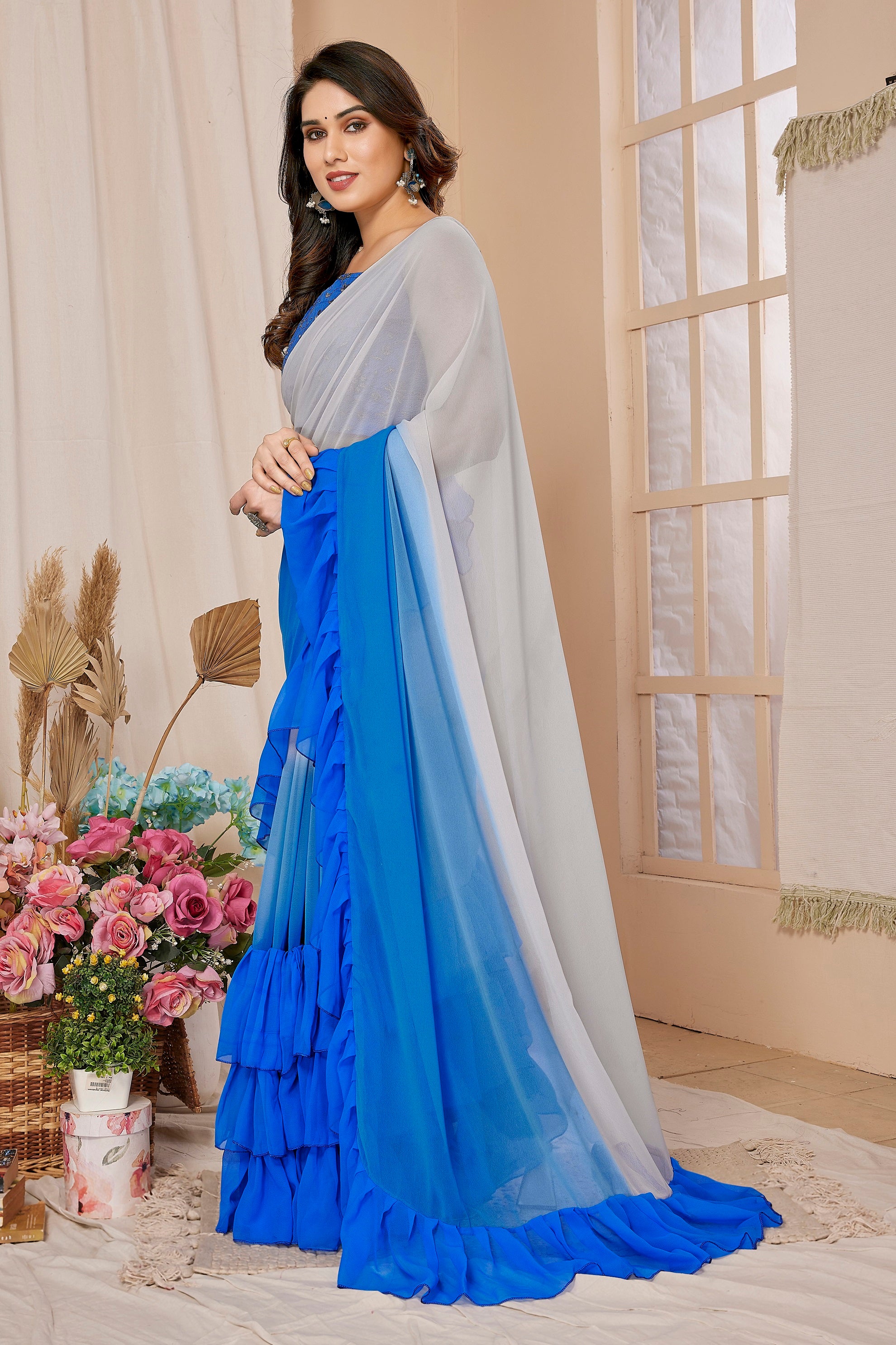 Royal Blue Ombre Ruffle Layered Saree