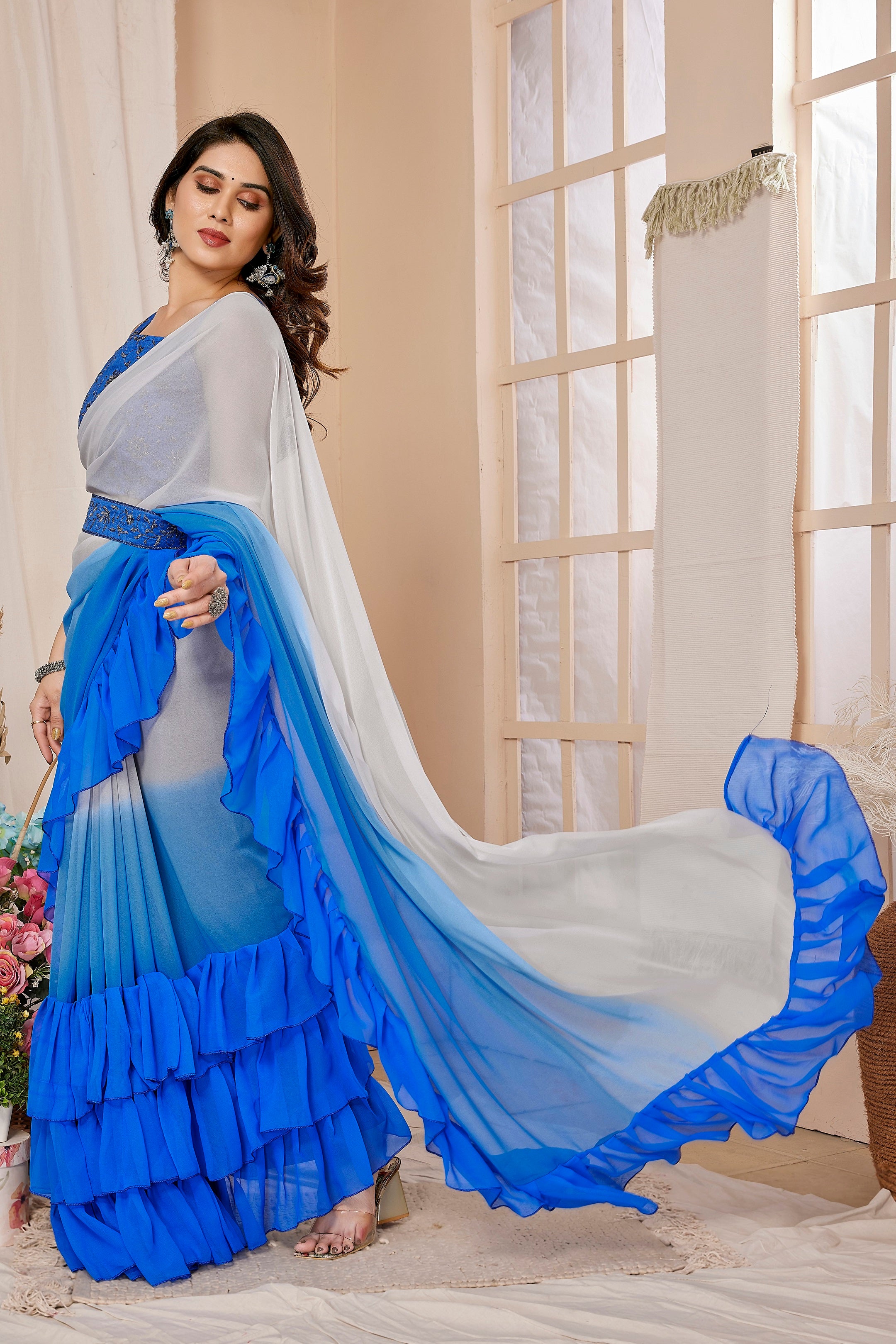 Royal Blue Ombre Ruffle Layered Saree