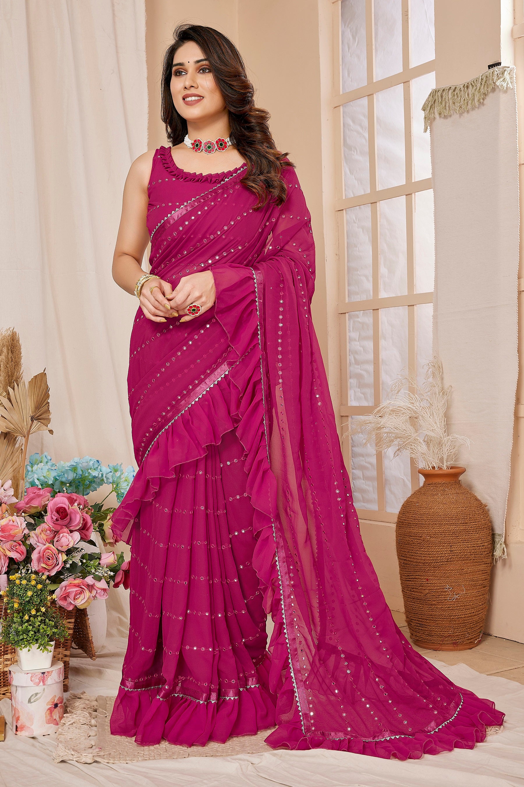 Magenta Mirror Work Ruffle Georgette Saree