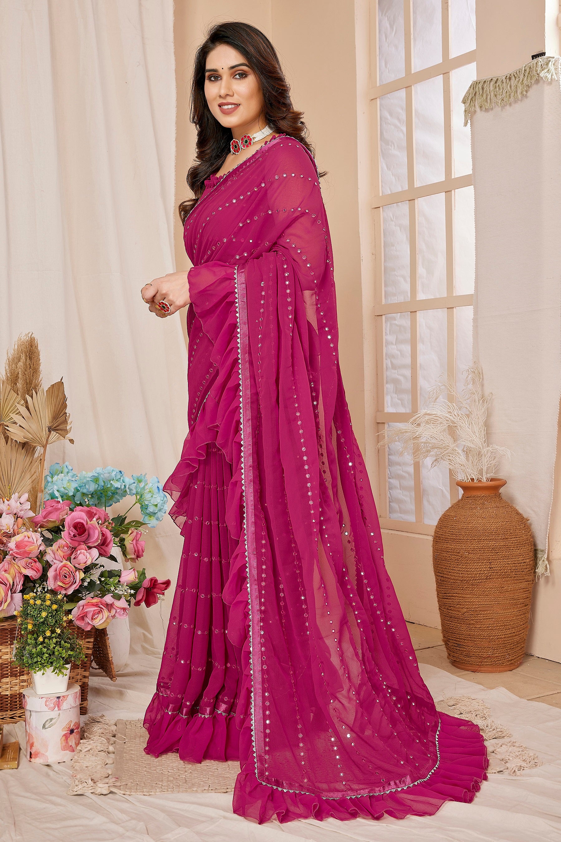 Magenta Mirror Work Ruffle Georgette Saree