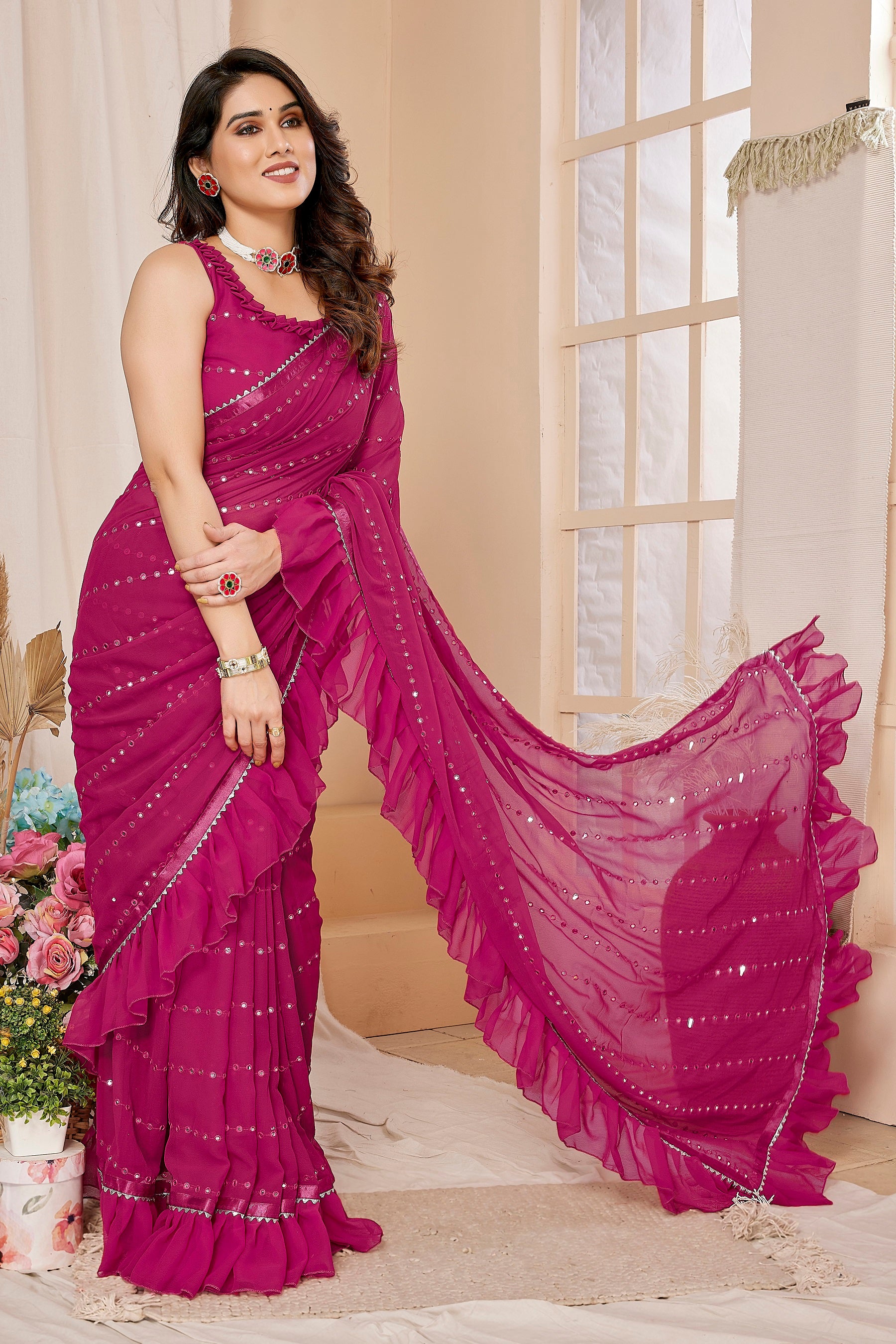 Magenta Mirror Work Ruffle Georgette Saree