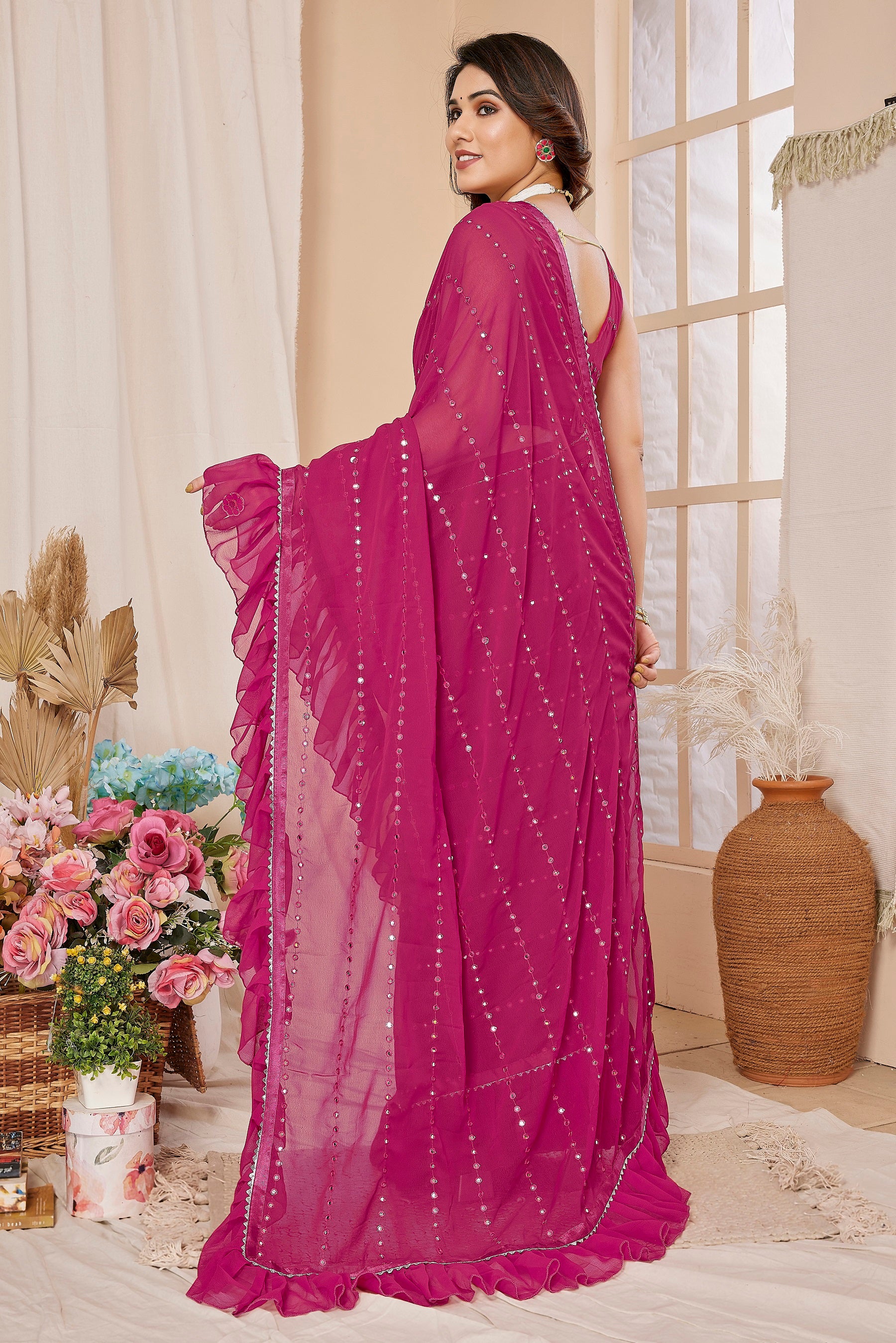 Magenta Mirror Work Ruffle Georgette Saree