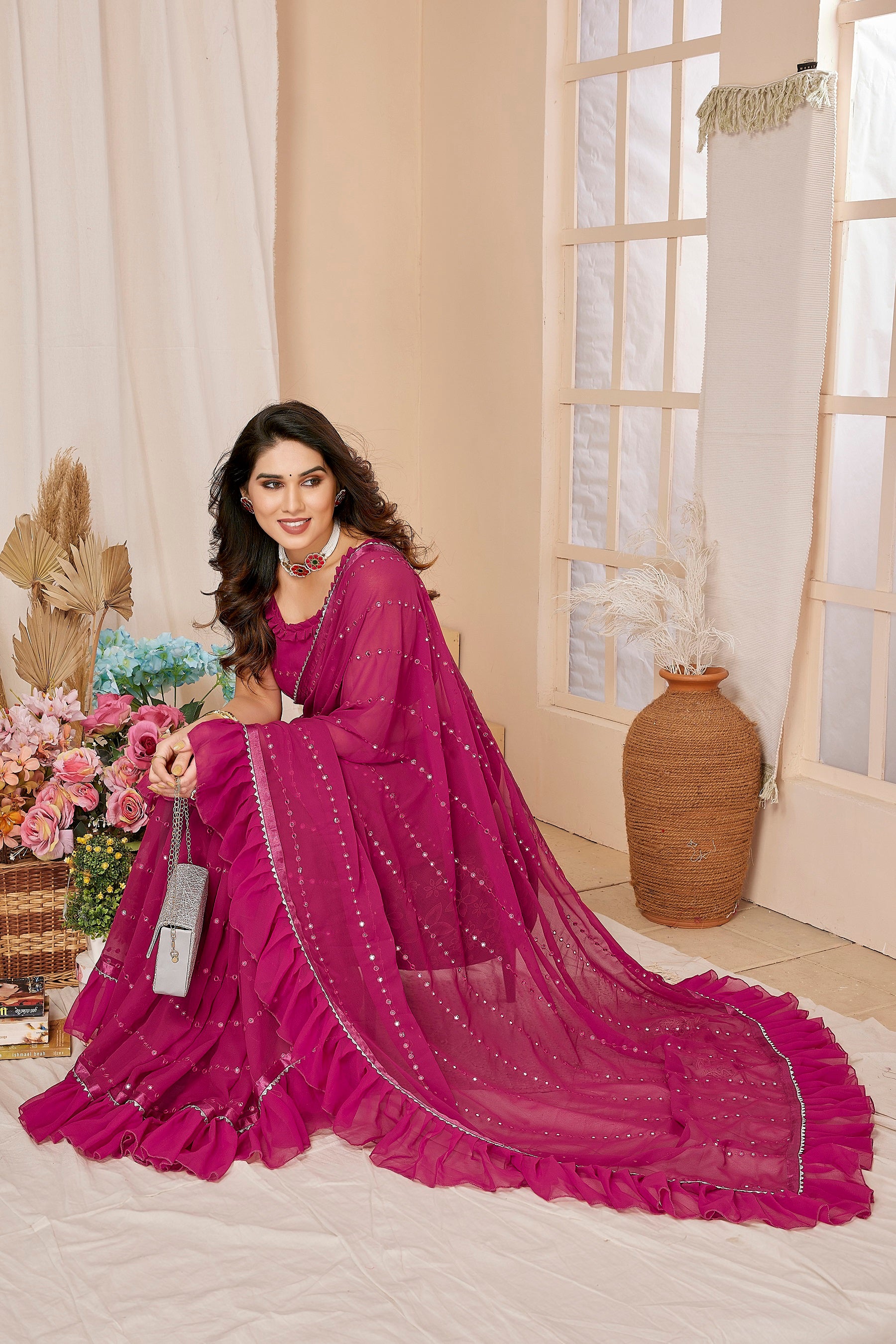 Magenta Mirror Work Ruffle Georgette Saree