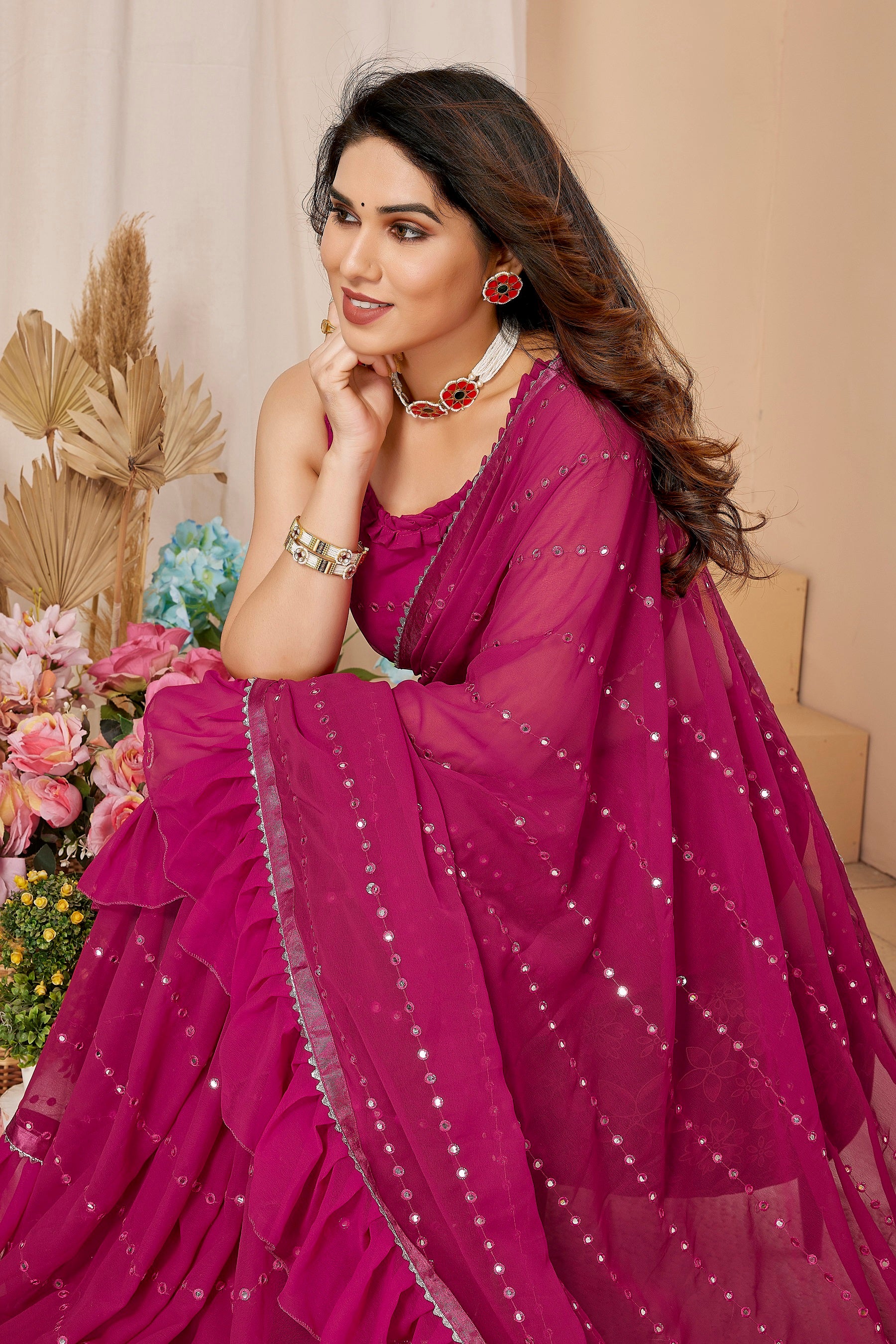 Magenta Mirror Work Ruffle Georgette Saree