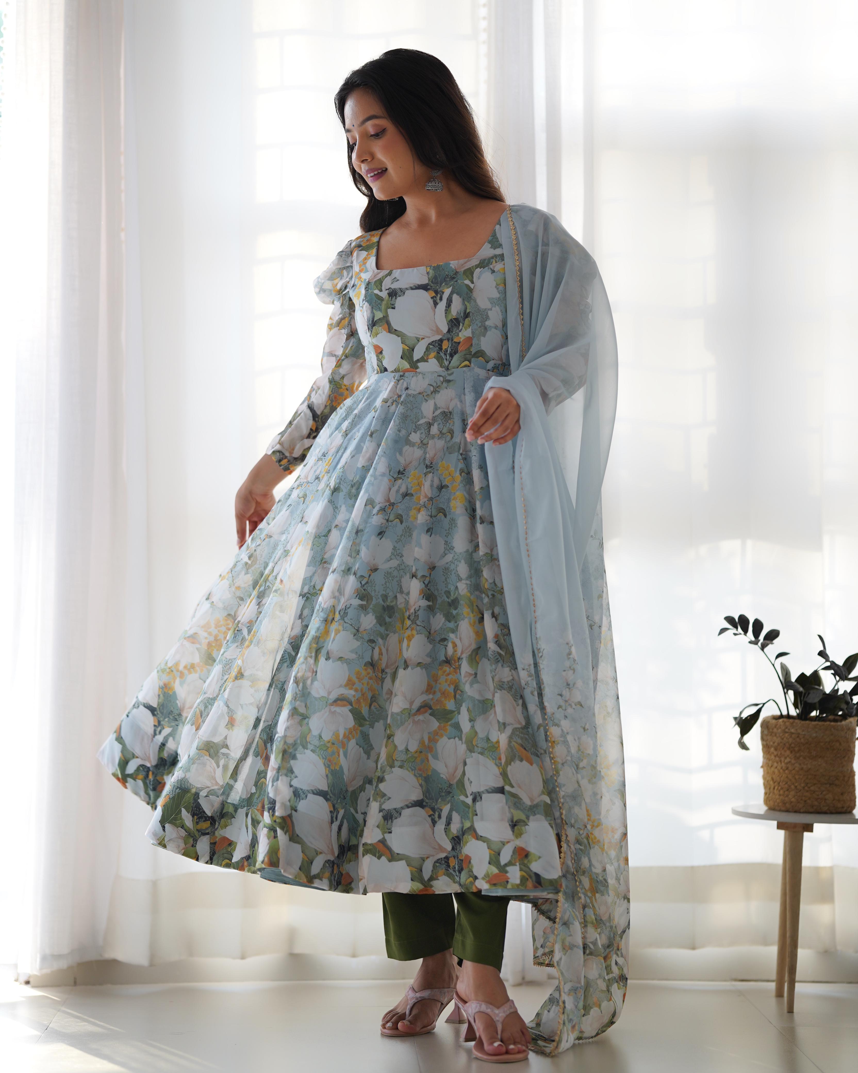 Serene Floral Anarkali Suit in Pastel Blue
