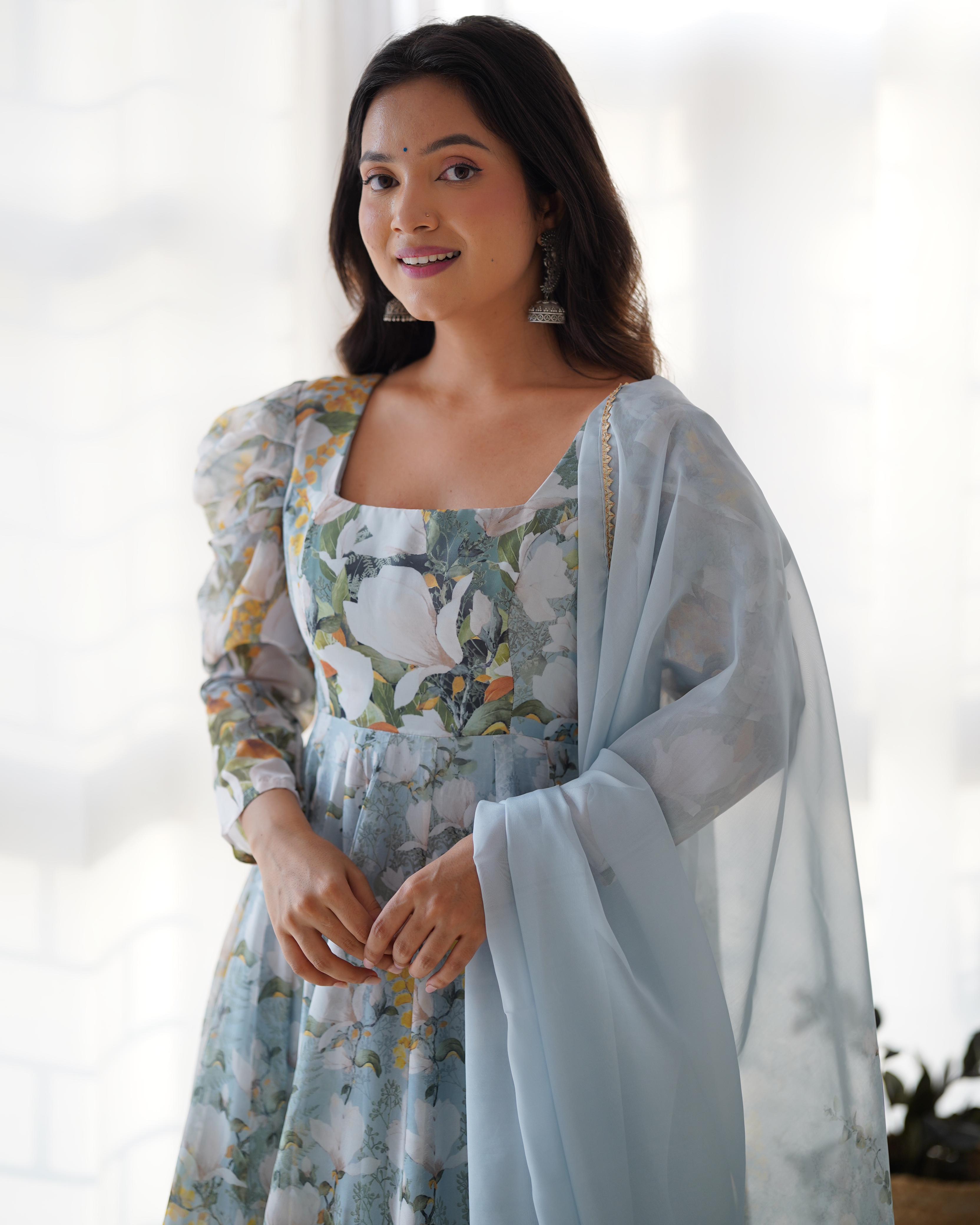 Serene Floral Anarkali Suit in Pastel Blue