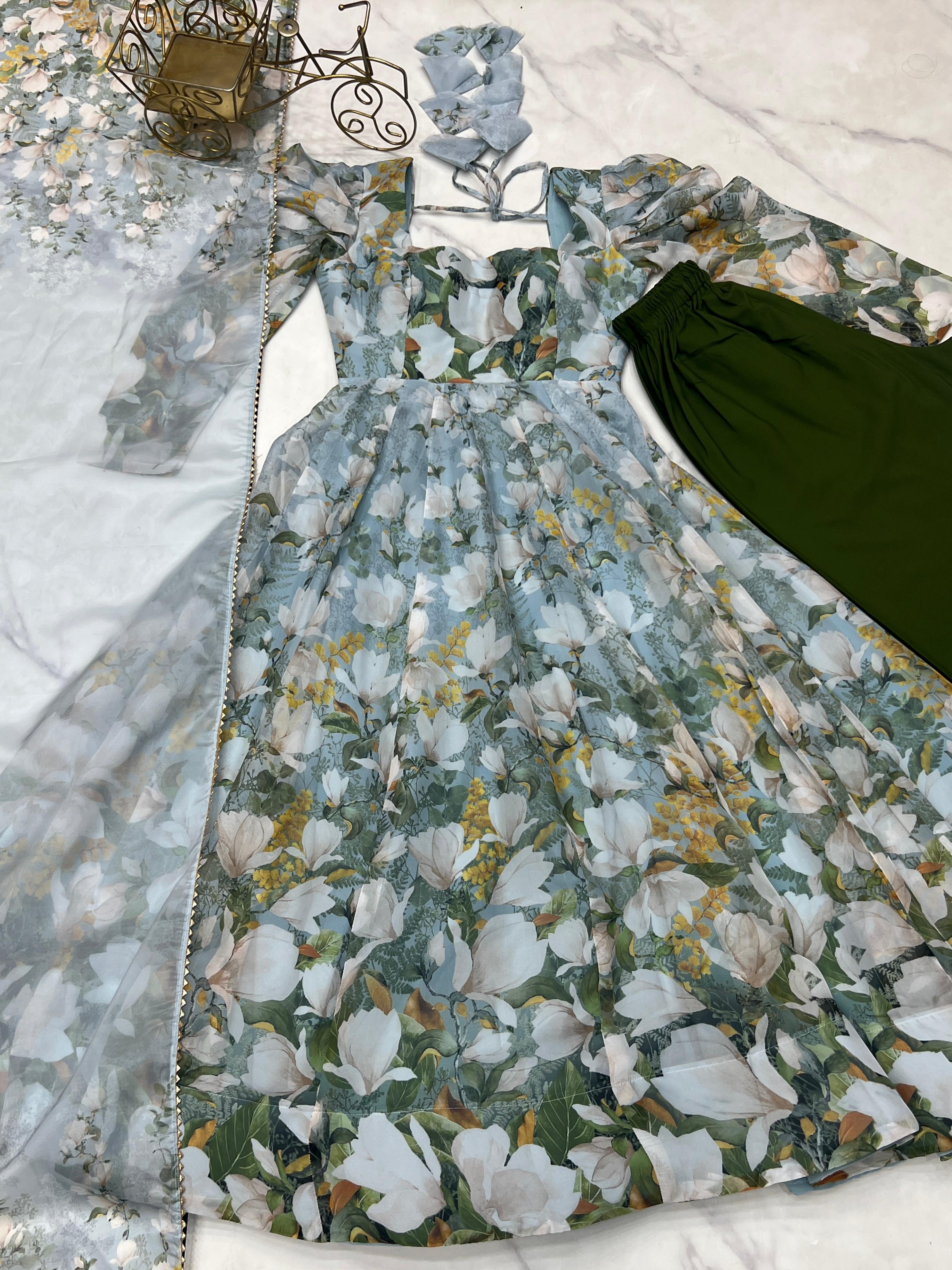 Serene Floral Anarkali Suit in Pastel Blue