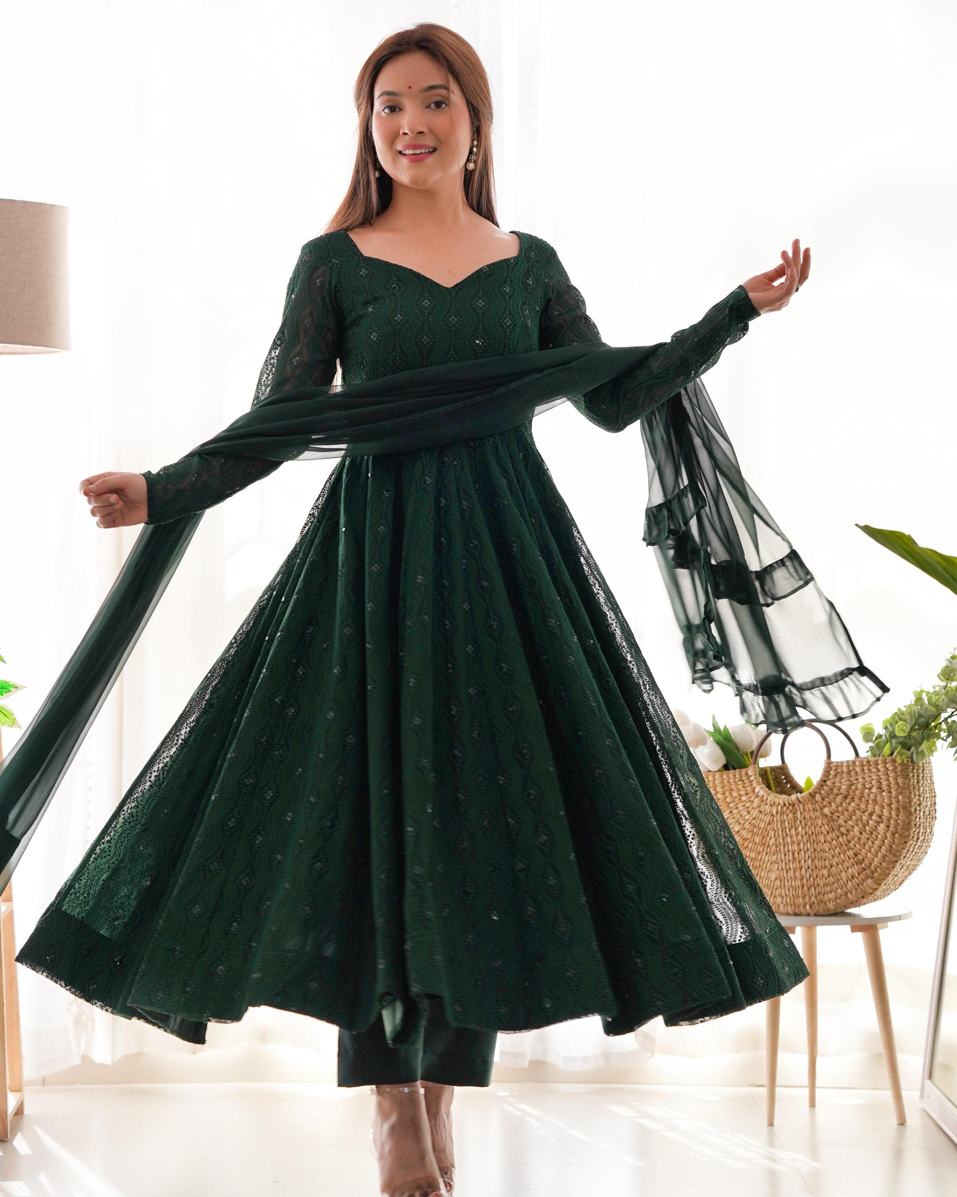 Elegant Bottle Green Embroidered Anarkali Set