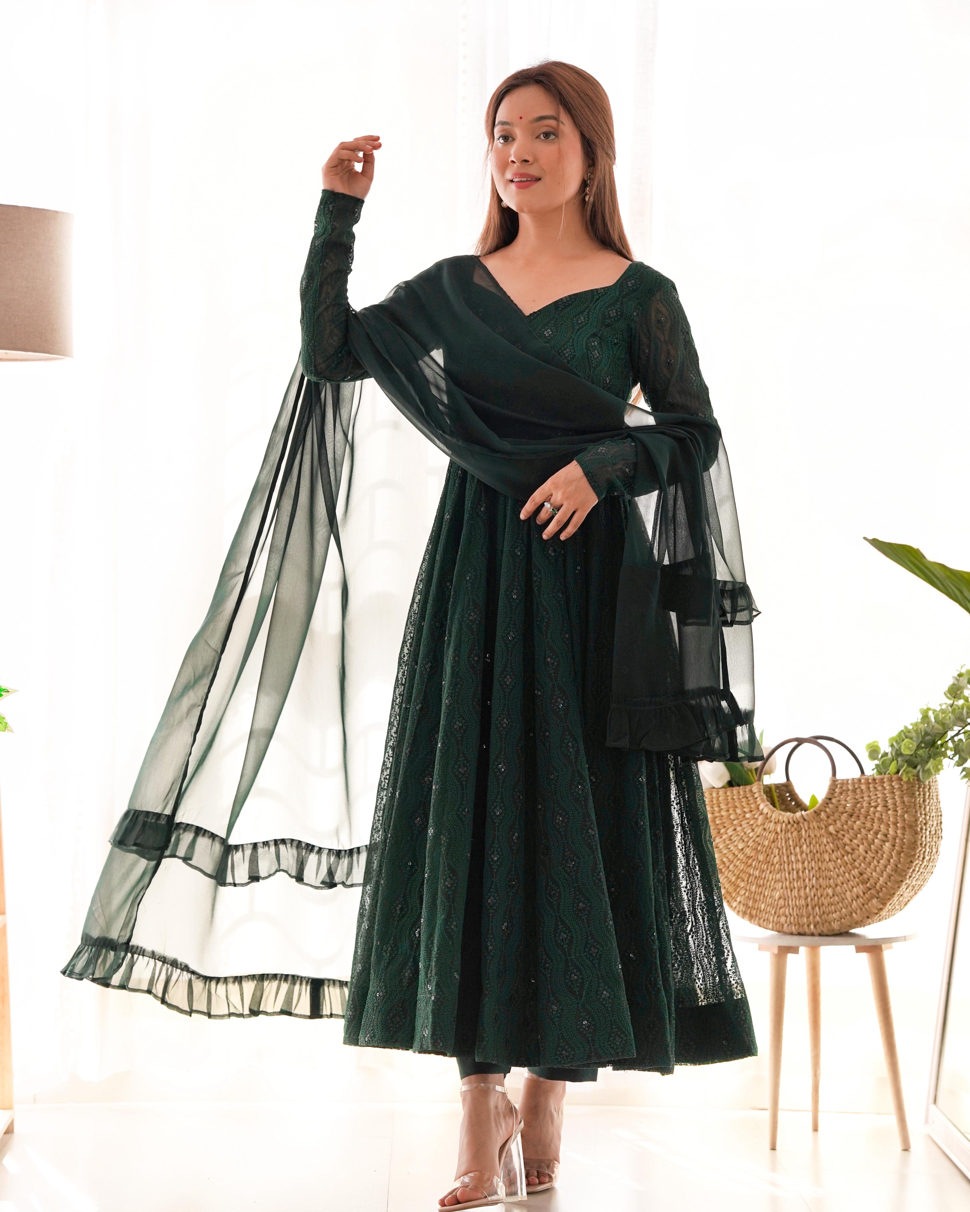 Elegant Bottle Green Embroidered Anarkali Set