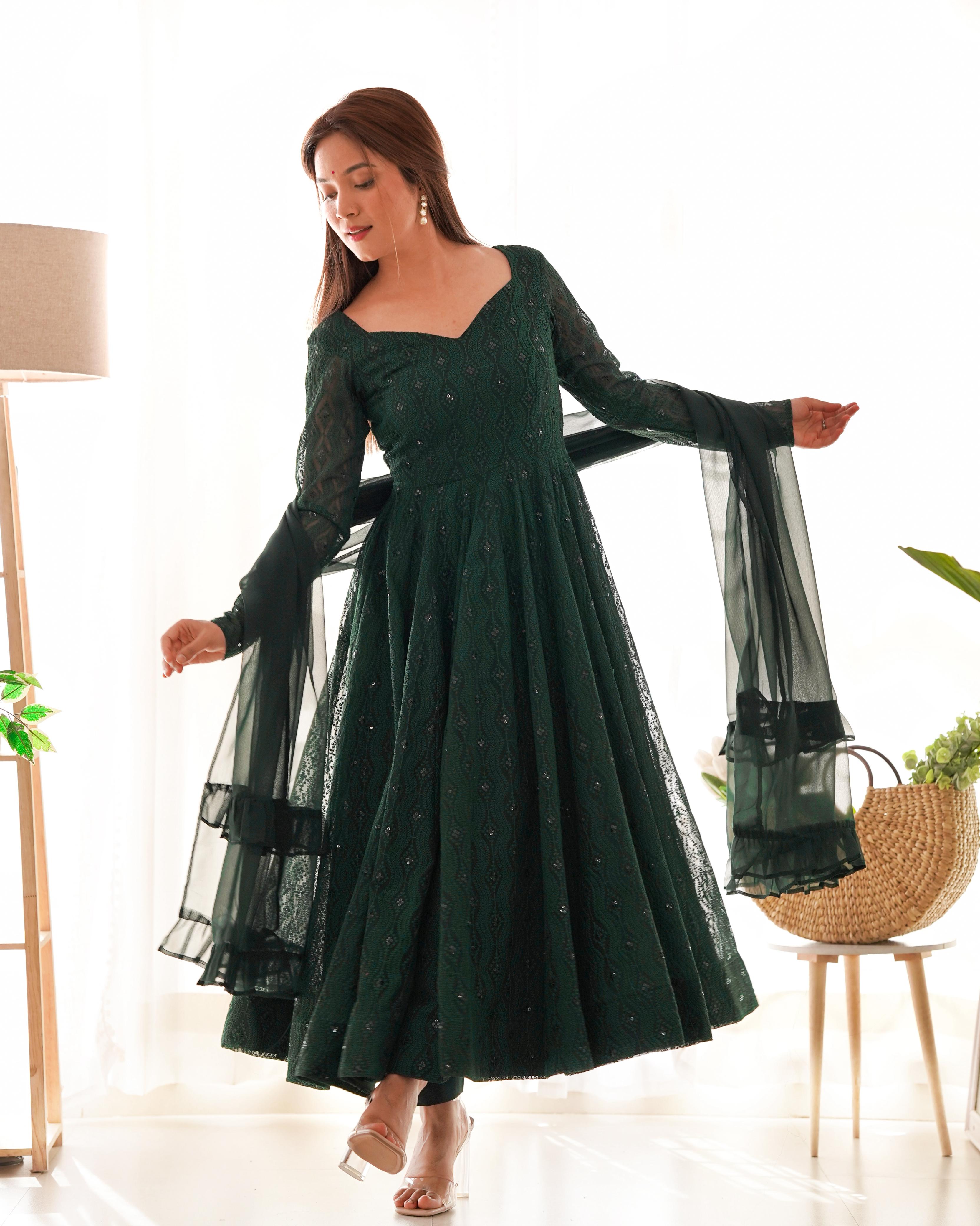 Elegant Bottle Green Embroidered Anarkali Set