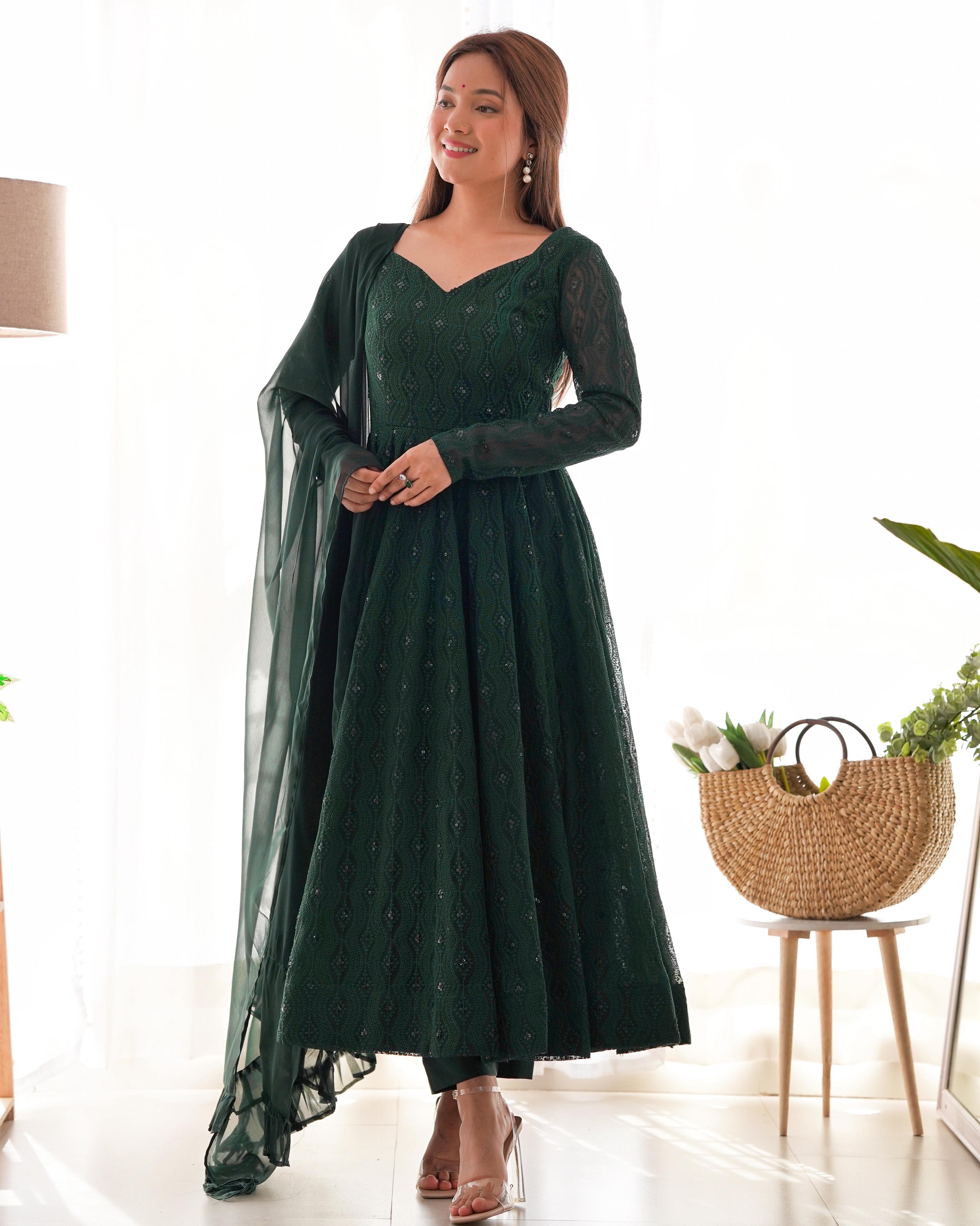 Elegant Bottle Green Embroidered Anarkali Set