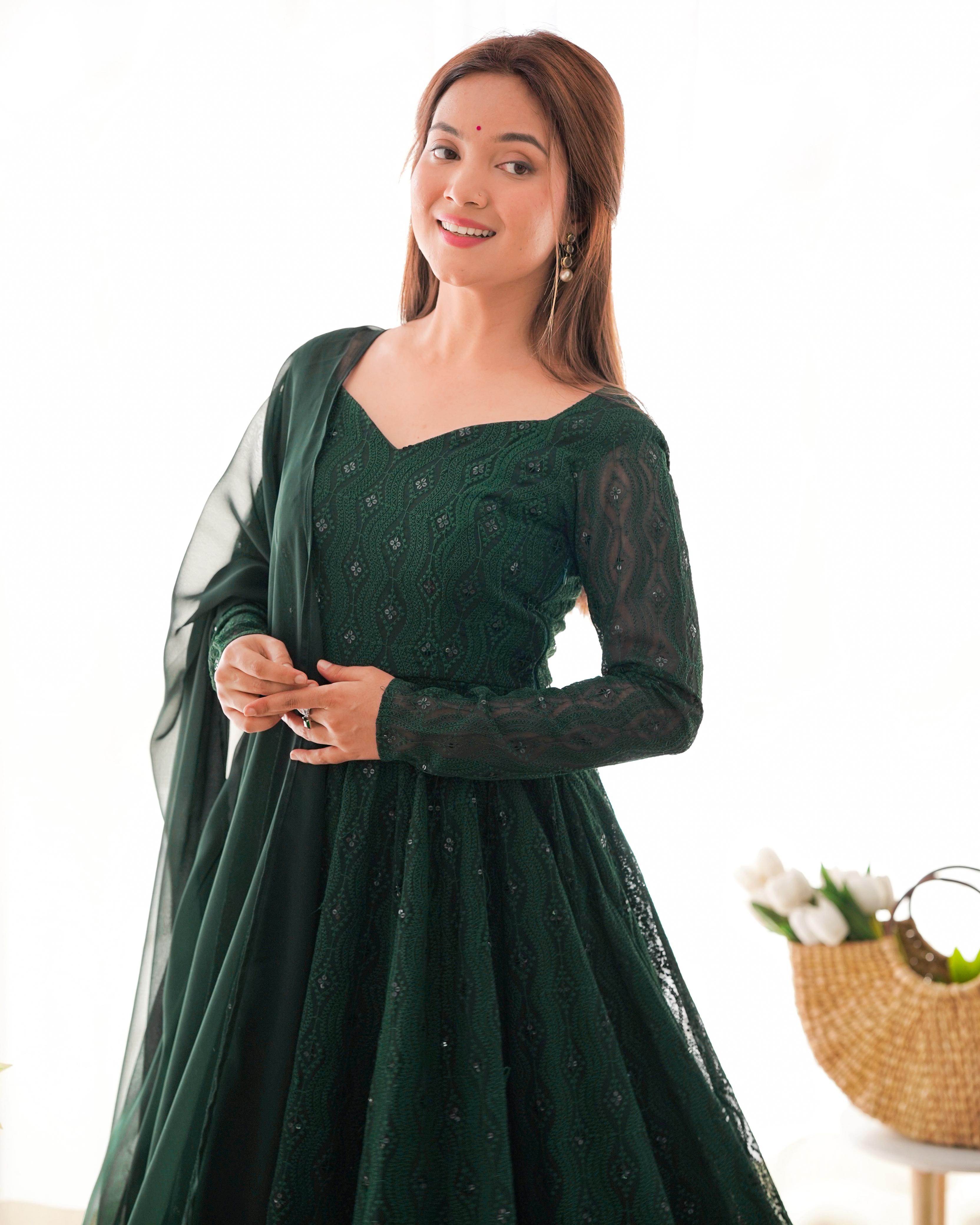 Elegant Bottle Green Embroidered Anarkali Set