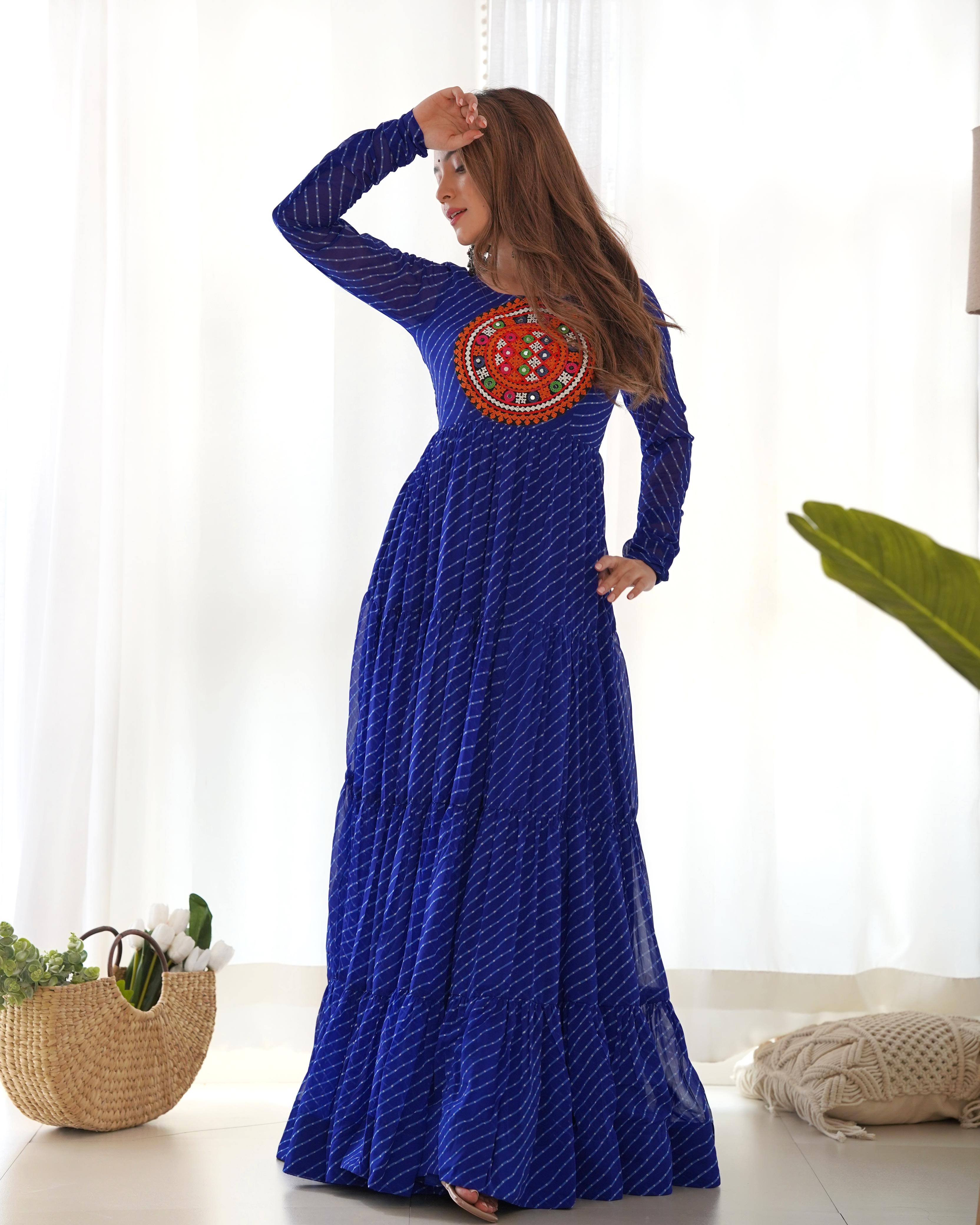 Bandhani Maxi Dress with Traditional Mirror Work