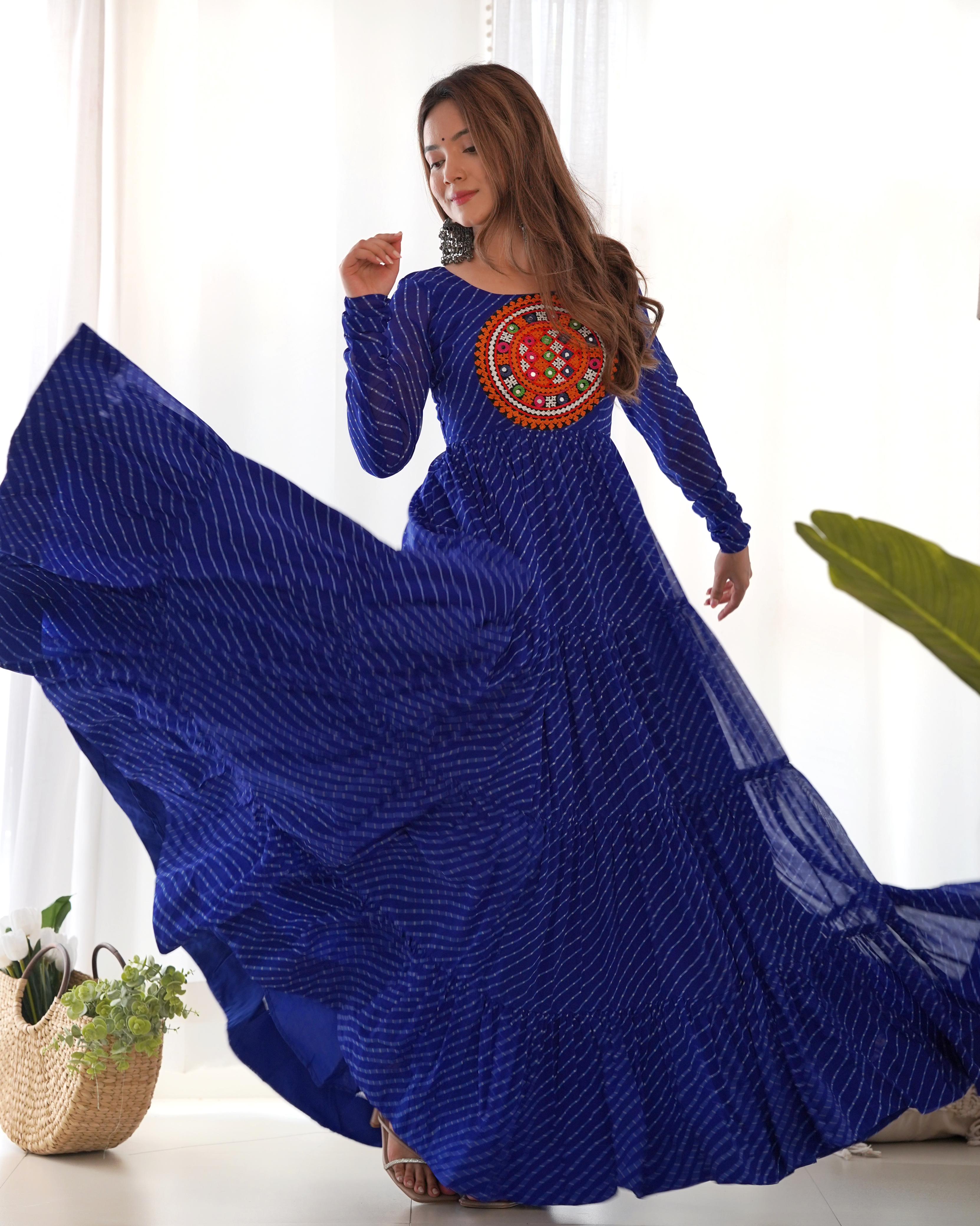 Bandhani Maxi Dress with Traditional Mirror Work