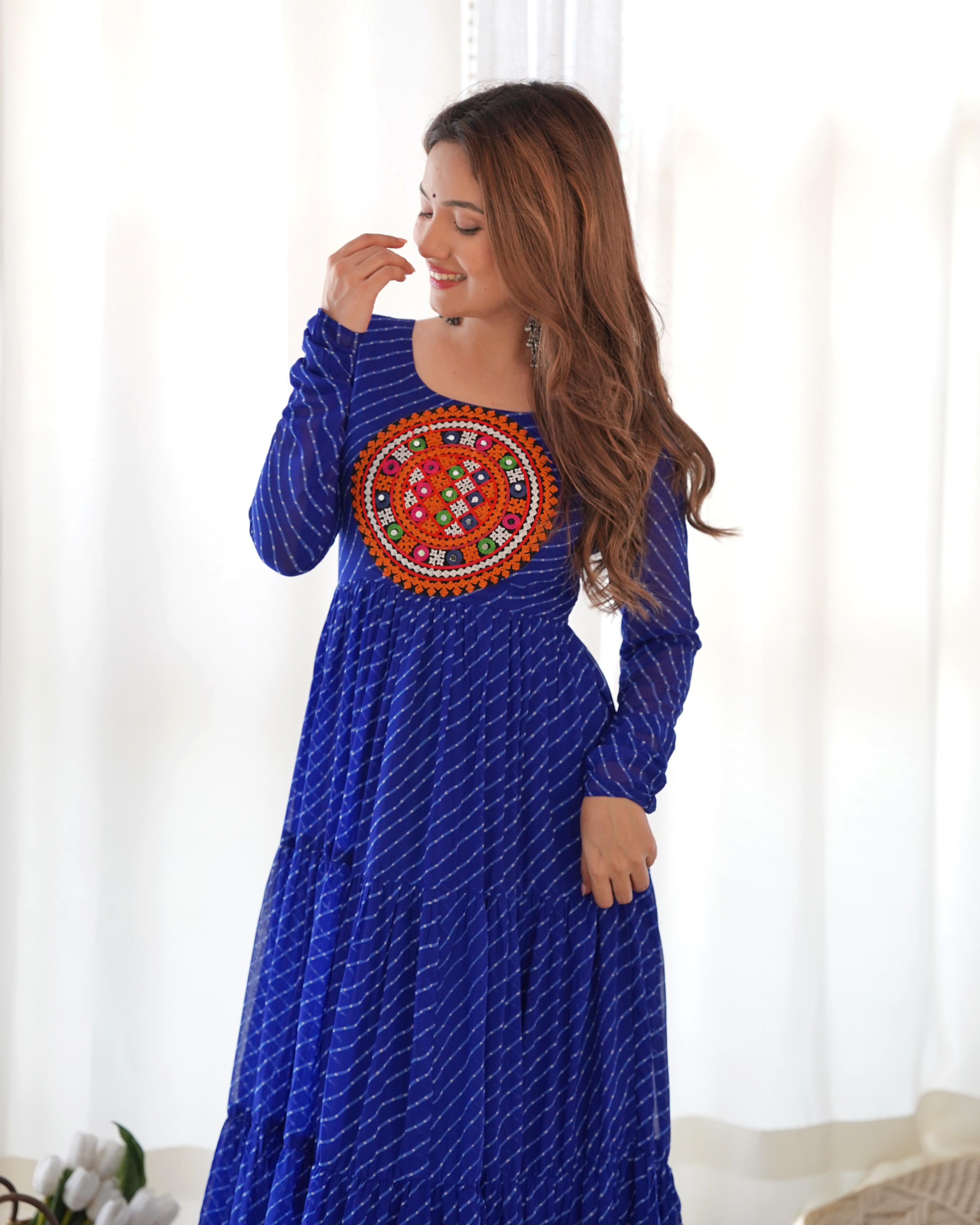 Bandhani Maxi Dress with Traditional Mirror Work