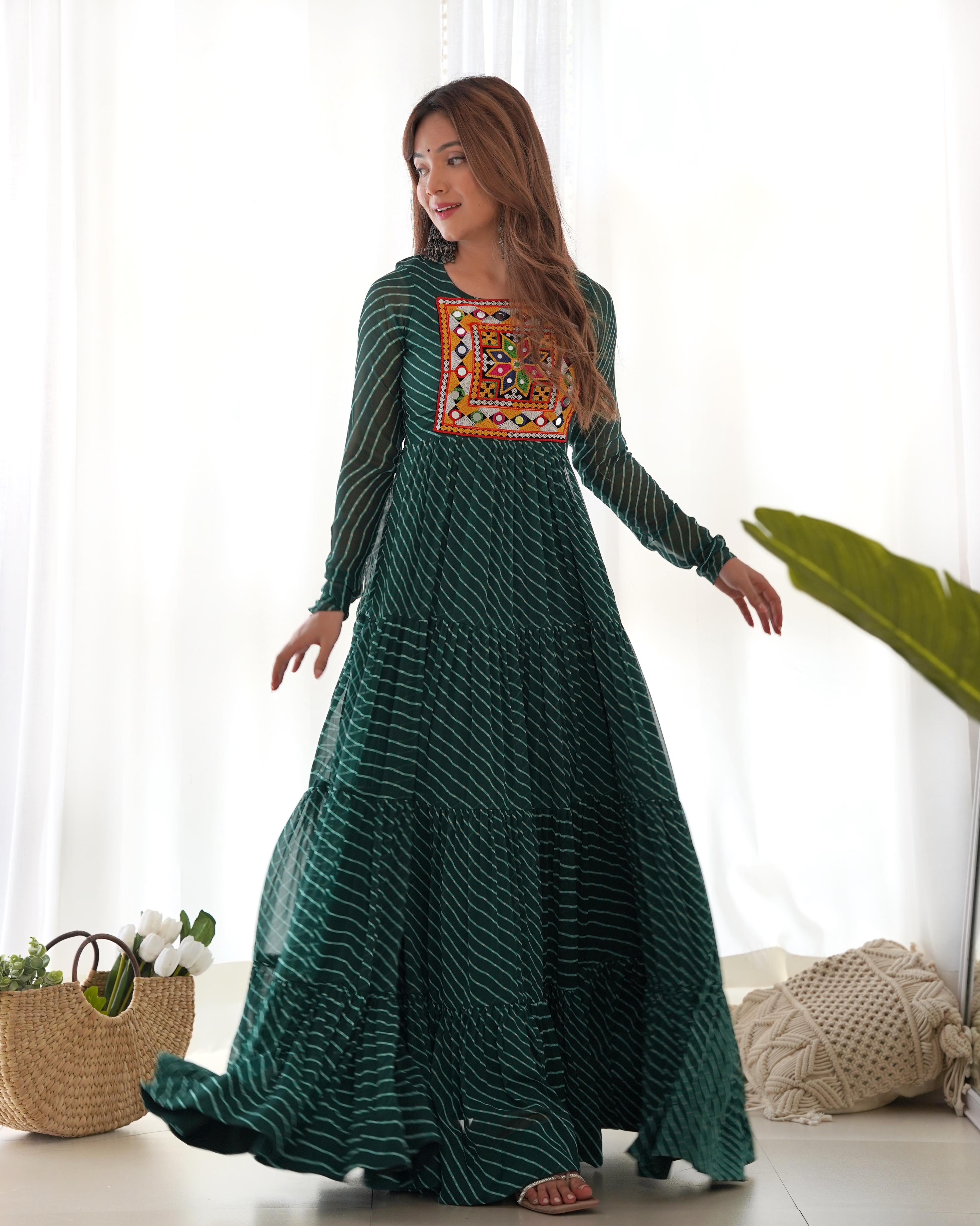 Bandhani Maxi Dress with Traditional Mirror Work