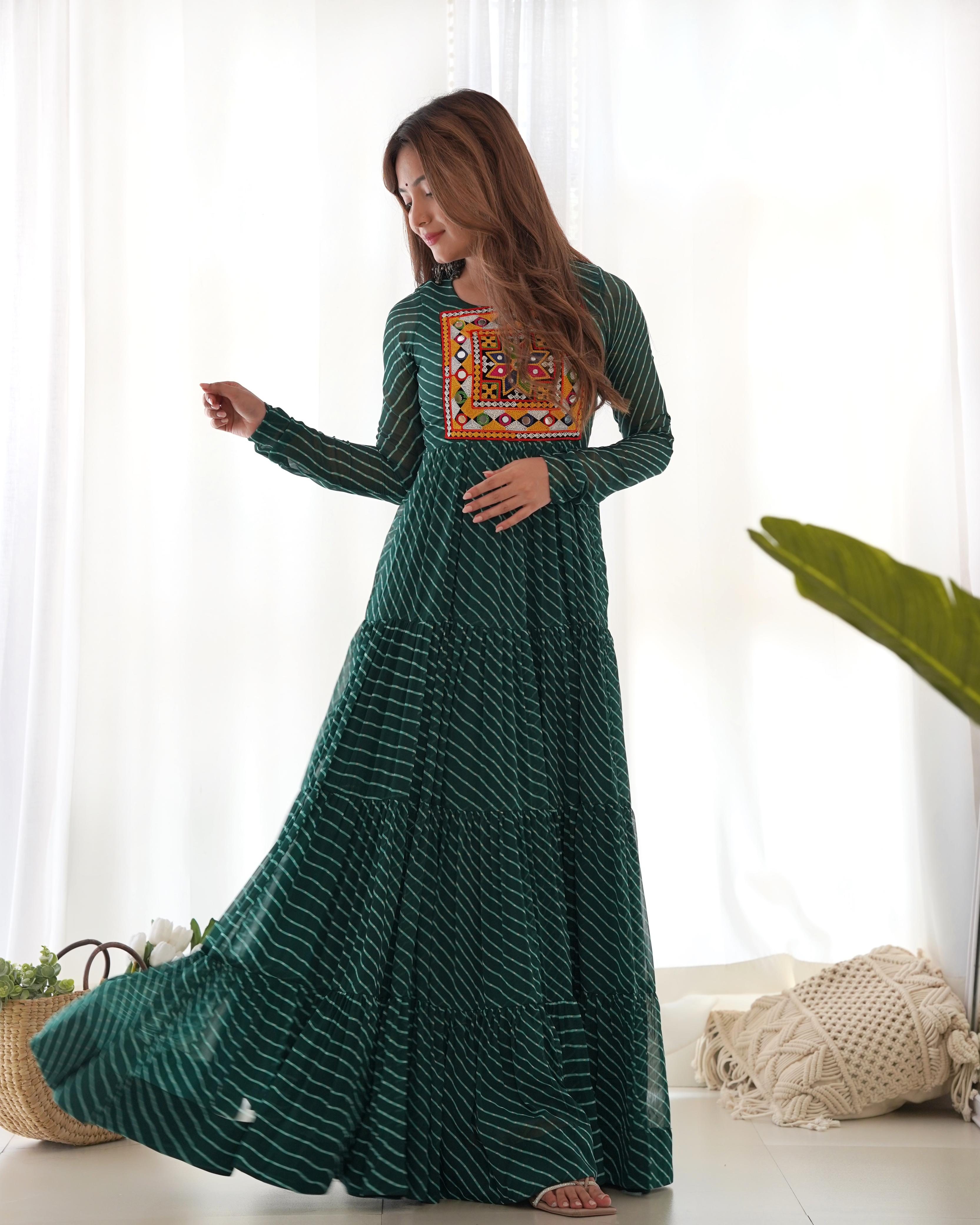 Bandhani Maxi Dress with Traditional Mirror Work