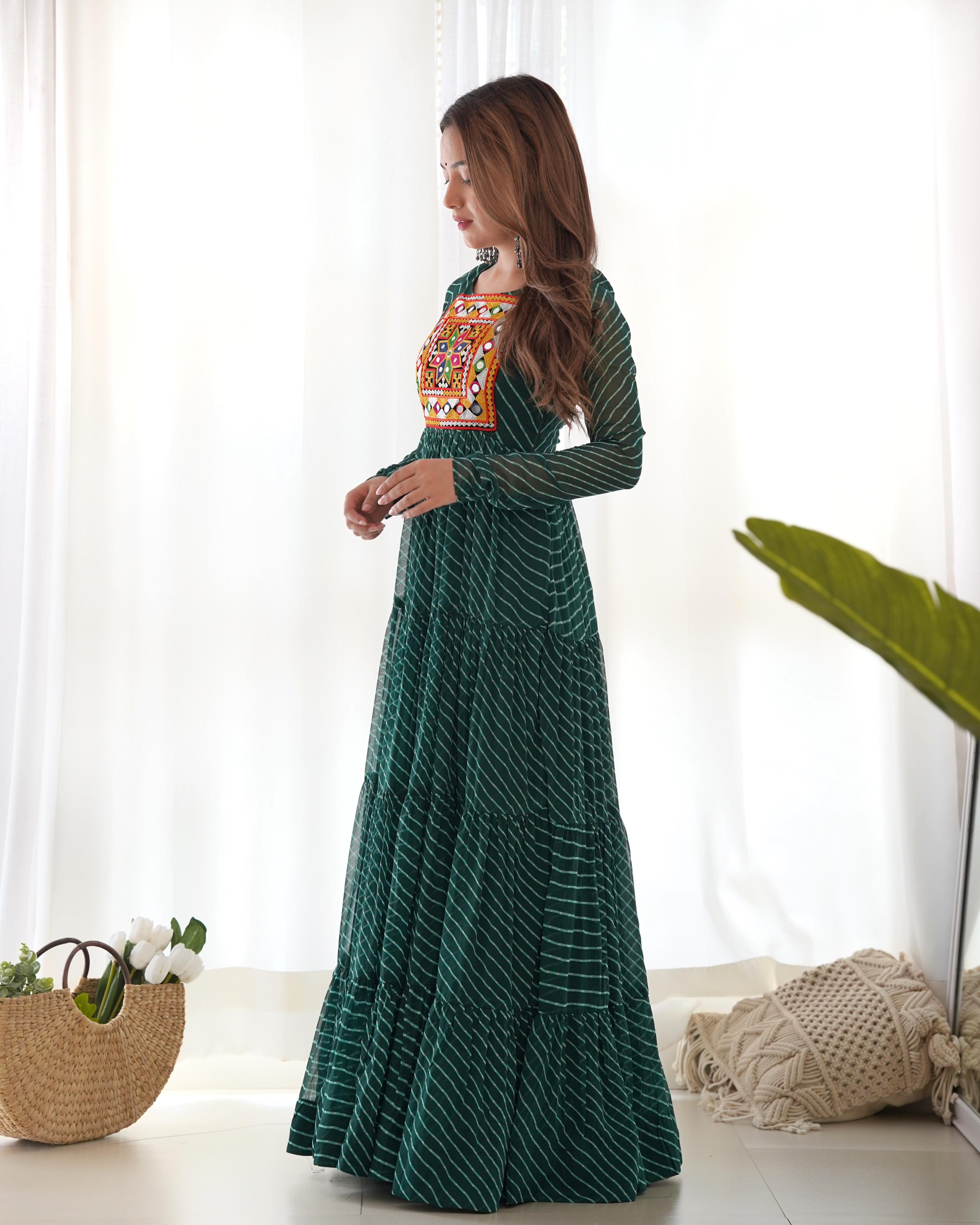 Bandhani Maxi Dress with Traditional Mirror Work