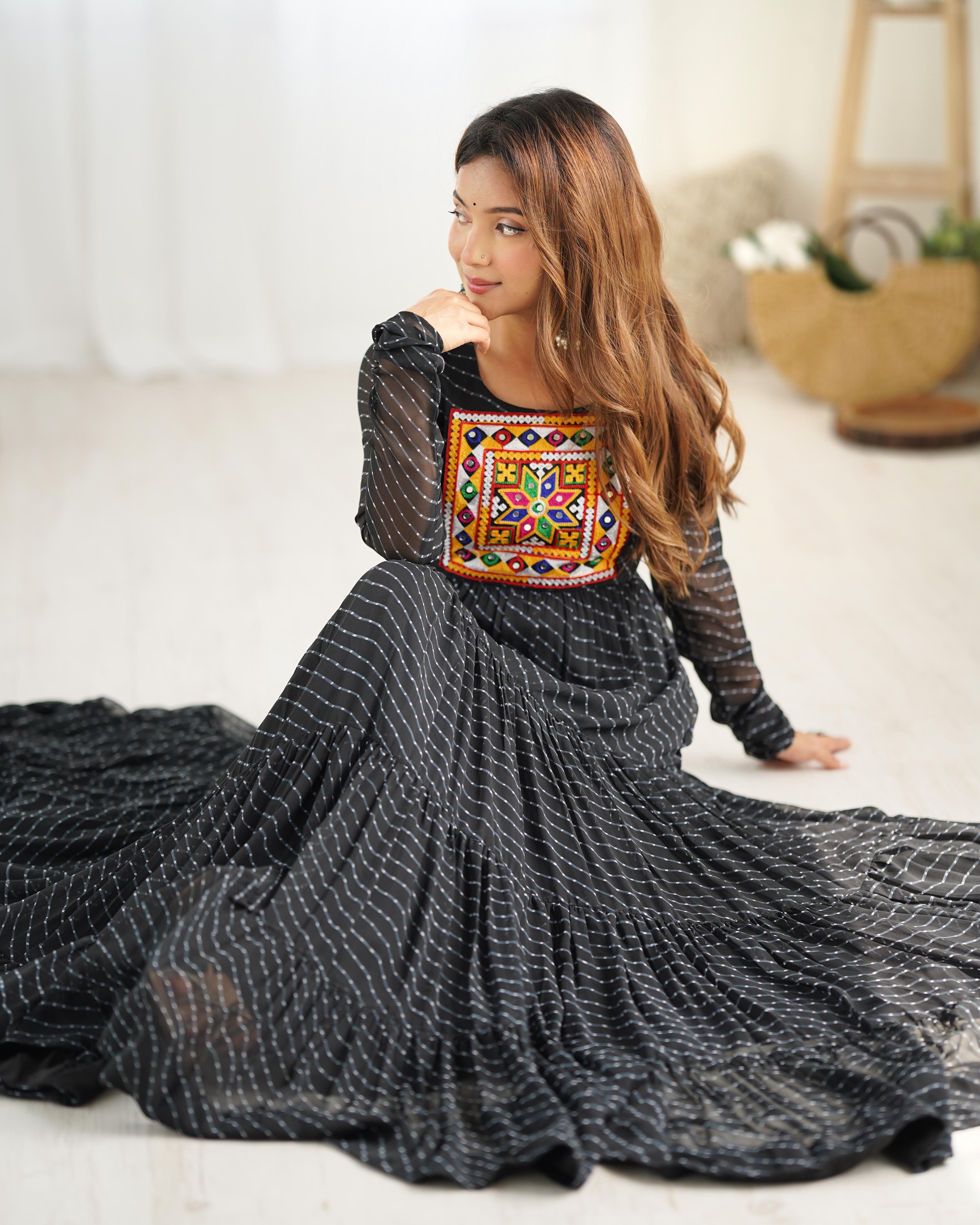 Bandhani Maxi Dress with Traditional Mirror Work