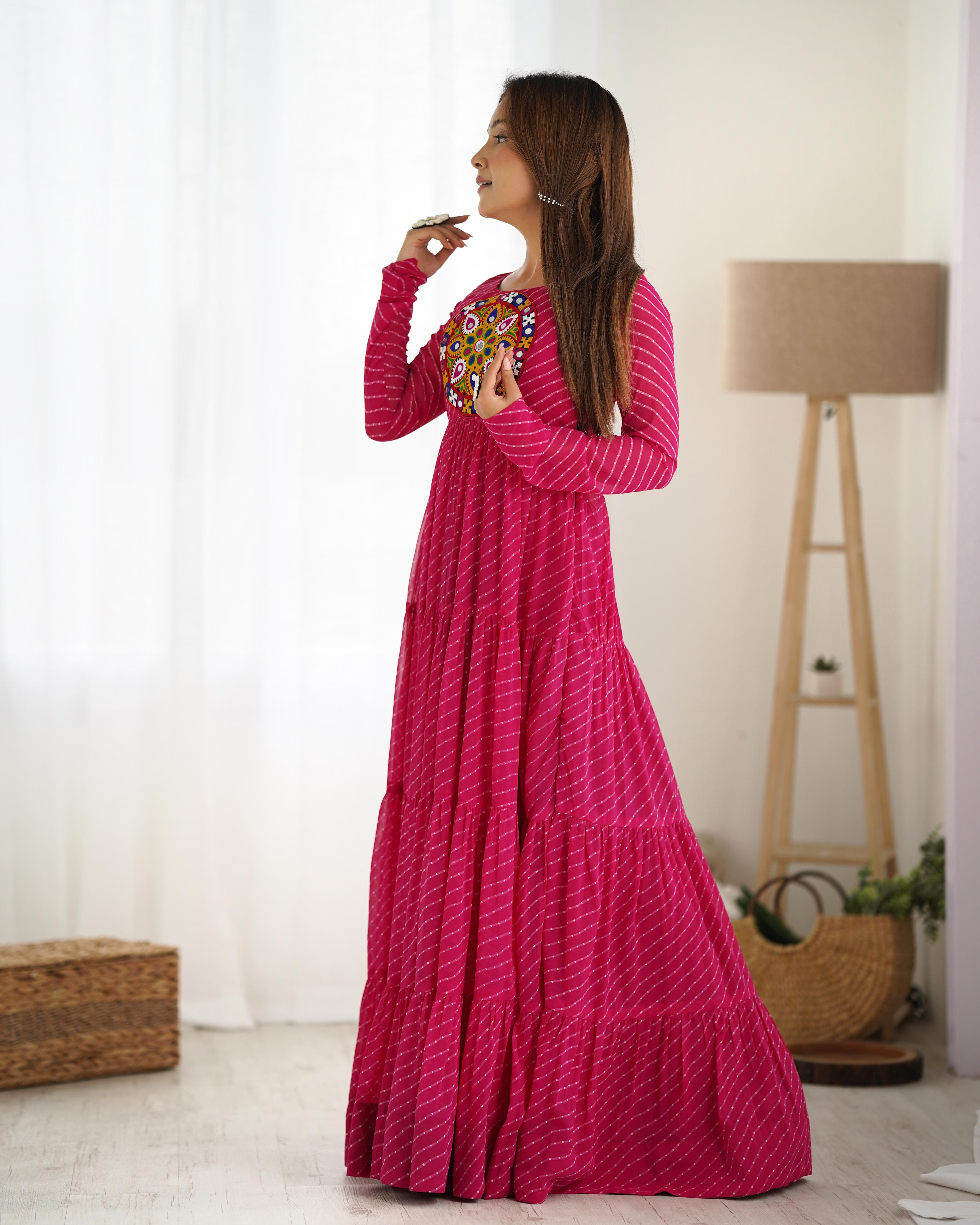 Bandhani Maxi Dress with Traditional Mirror Work