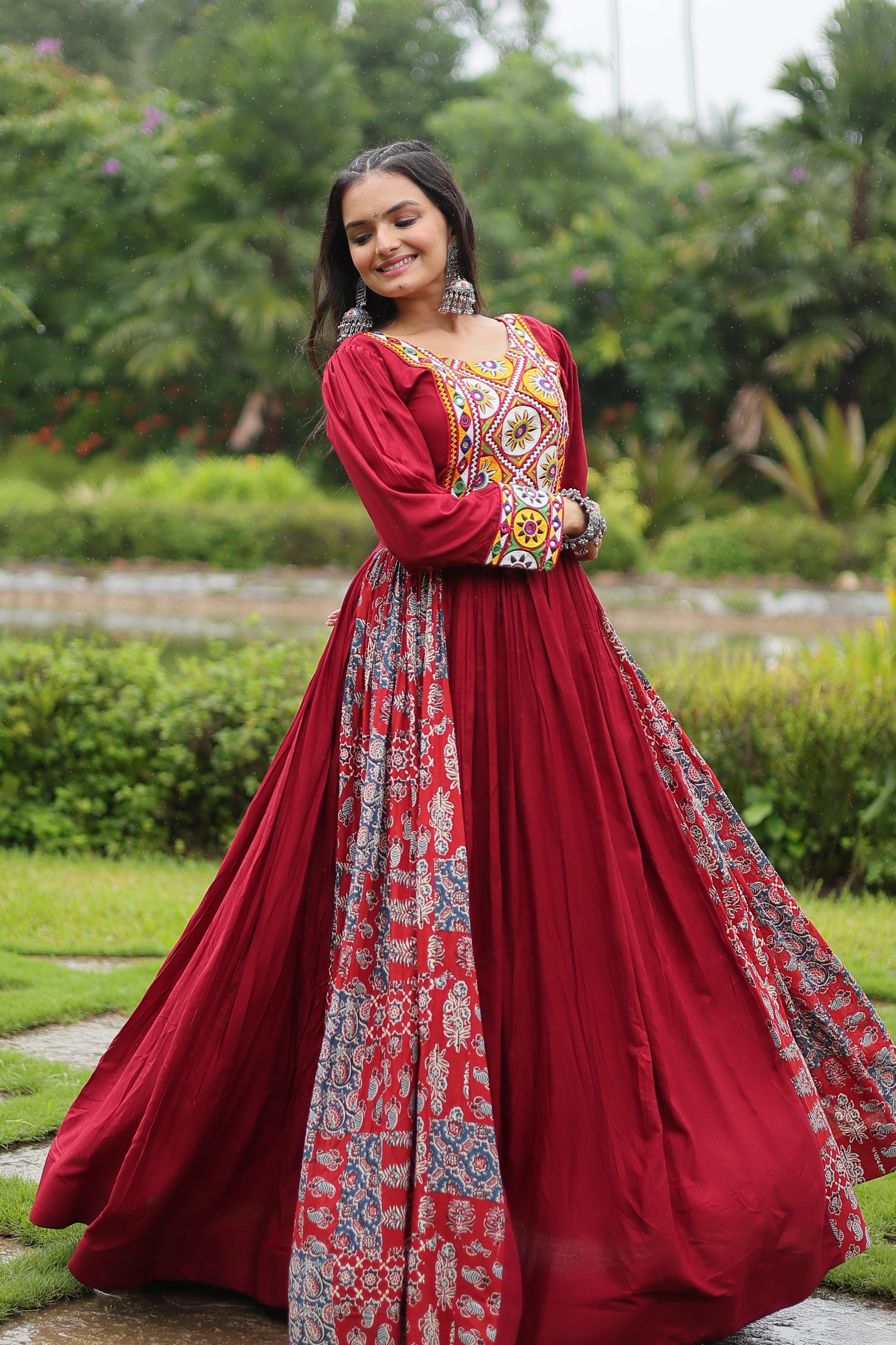 Maroon Mirror Work Anarkali with Ajrakh Patch Flair