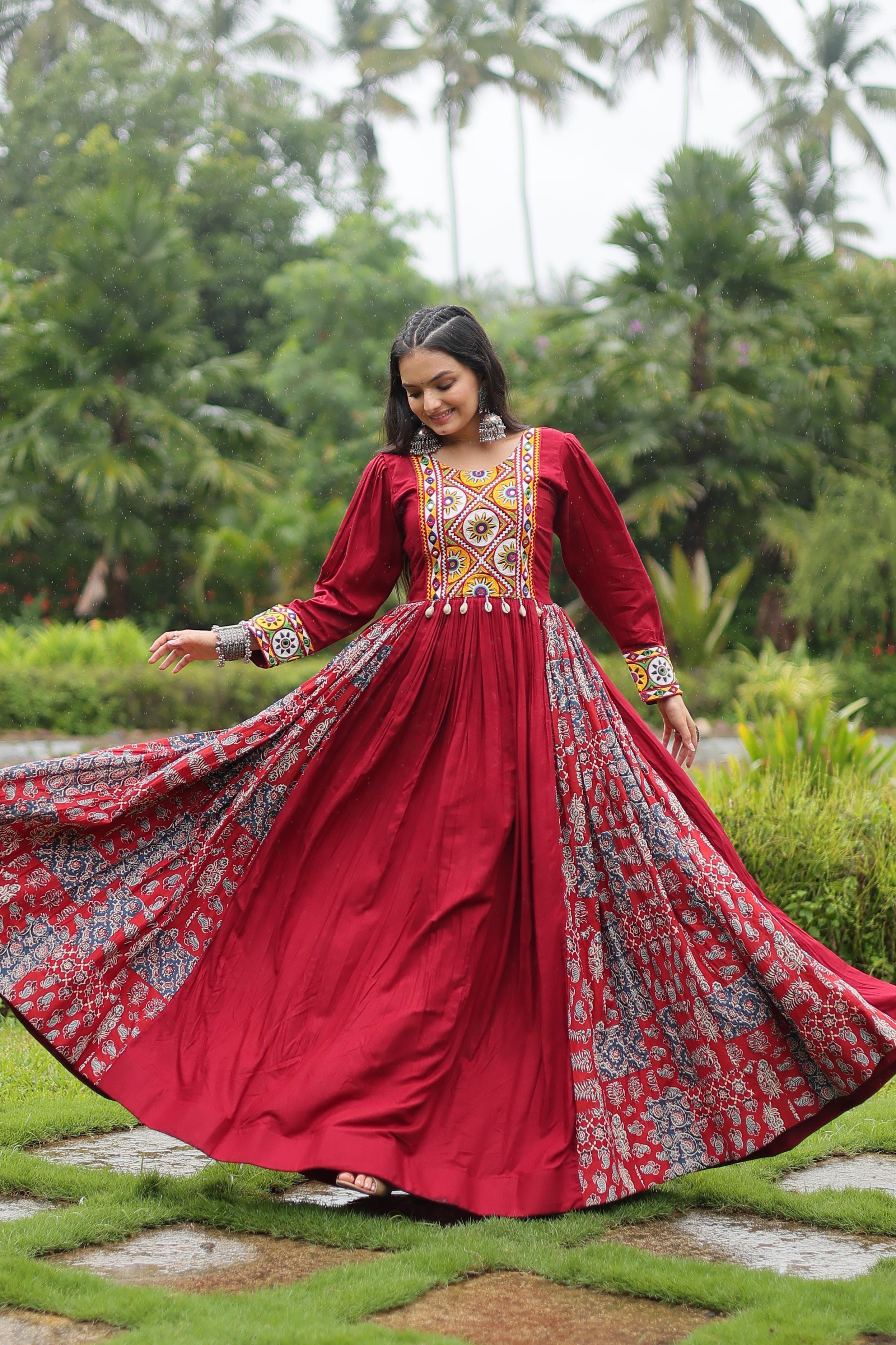 Maroon Mirror Work Anarkali with Ajrakh Patch Flair