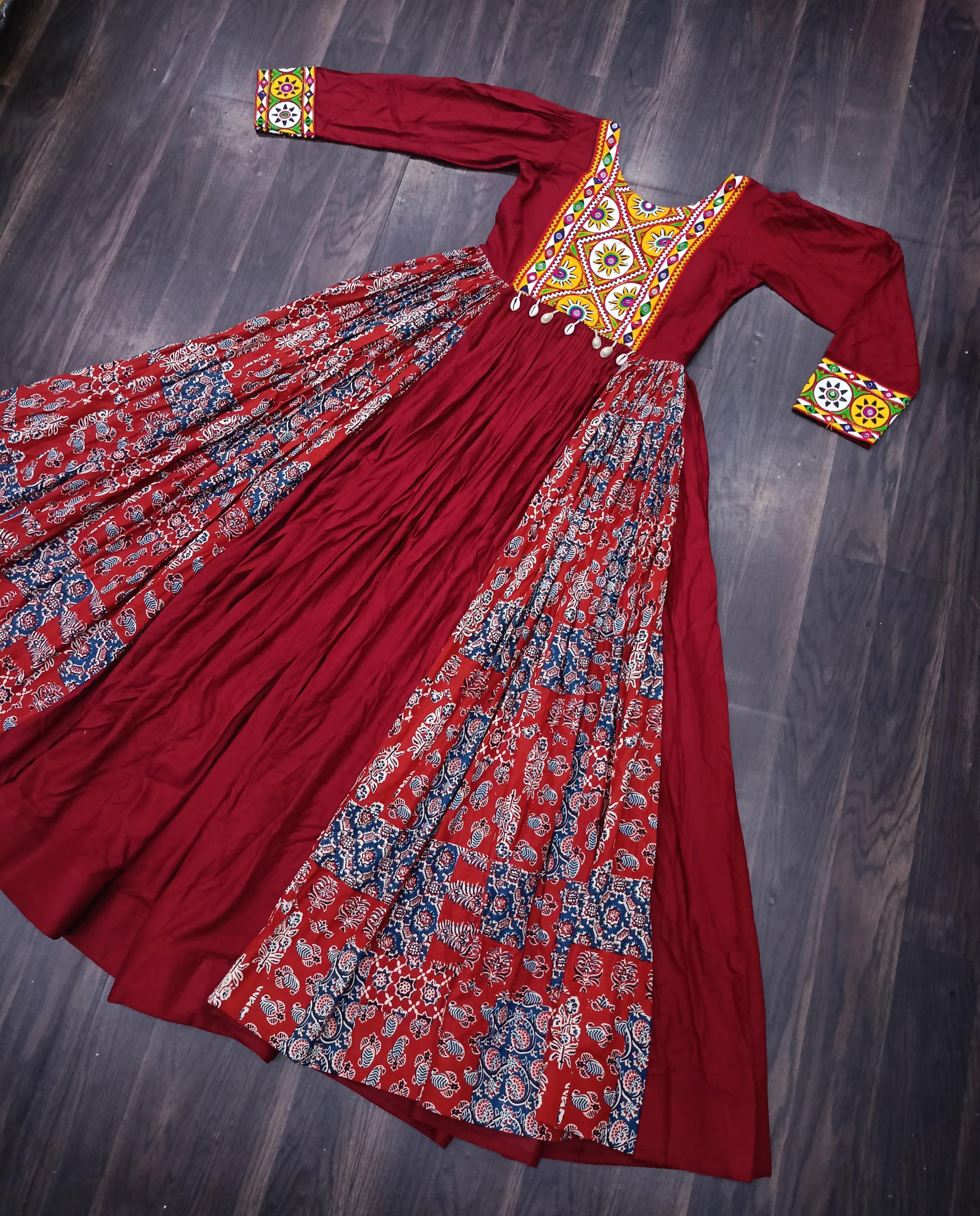 Maroon Mirror Work Anarkali with Ajrakh Patch Flair