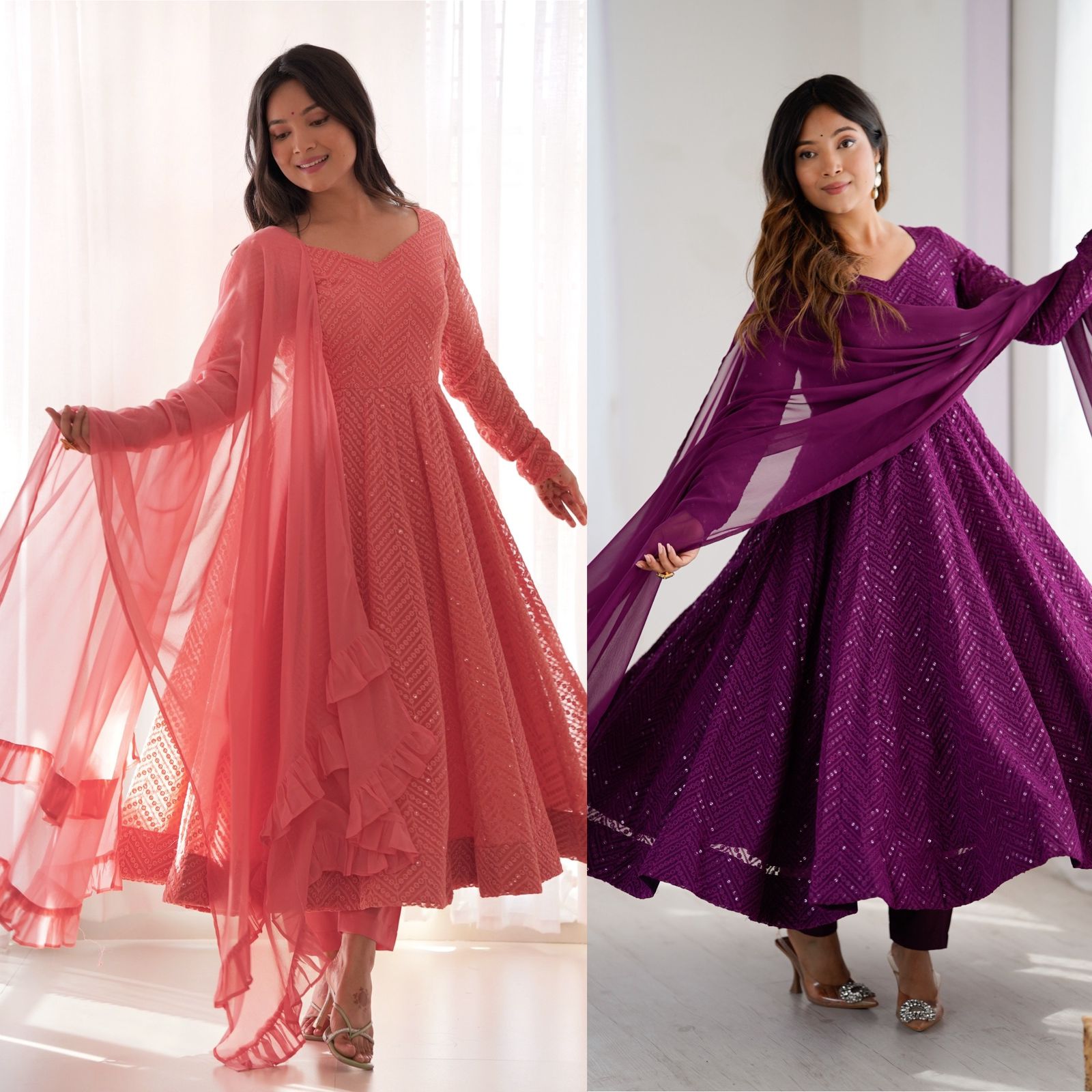 Elegant Embroidered Anarkali Sets in Coral and Plum